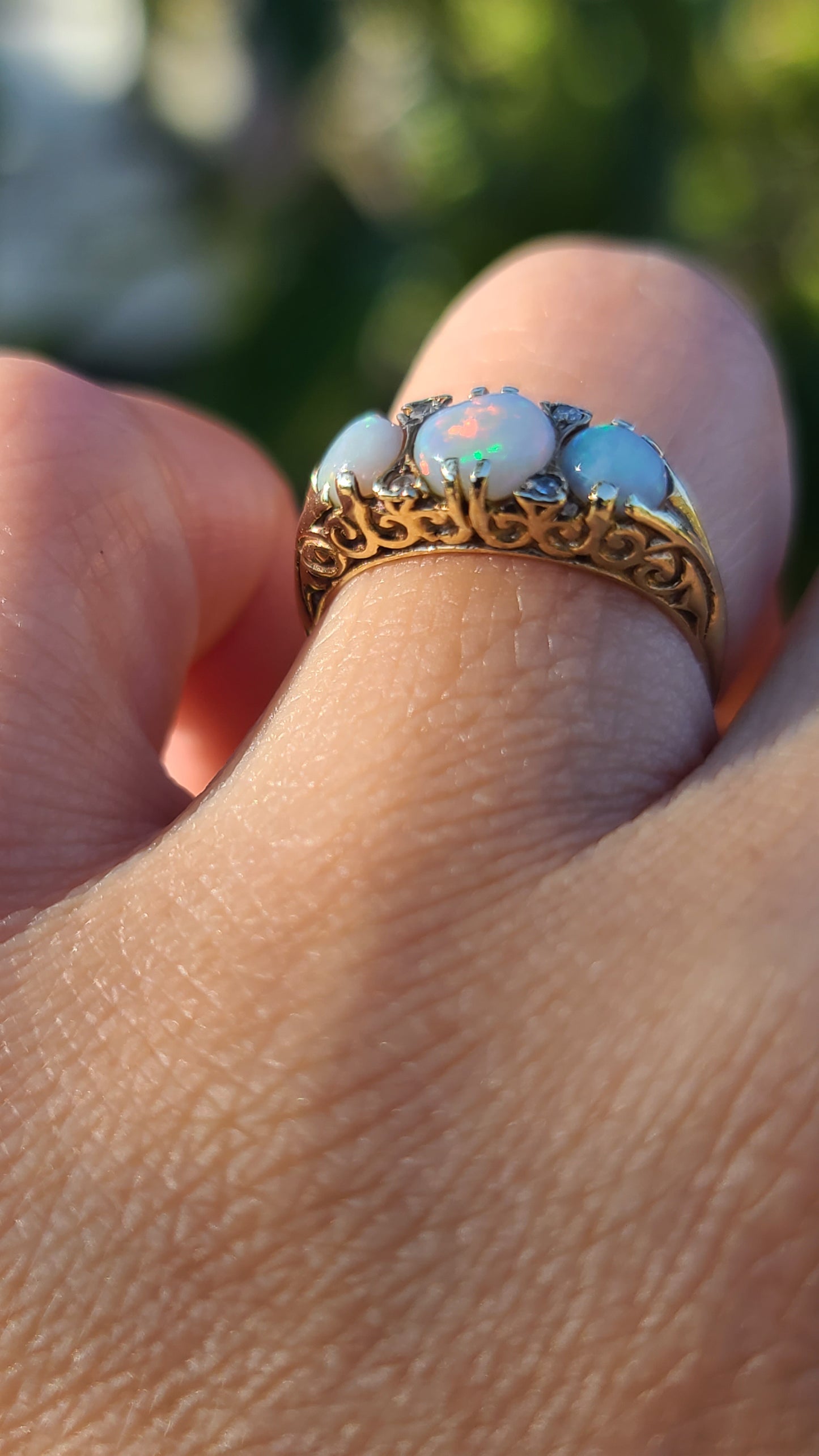 English 9K Opal and Diamond Vintage Ring, size 6.75 US