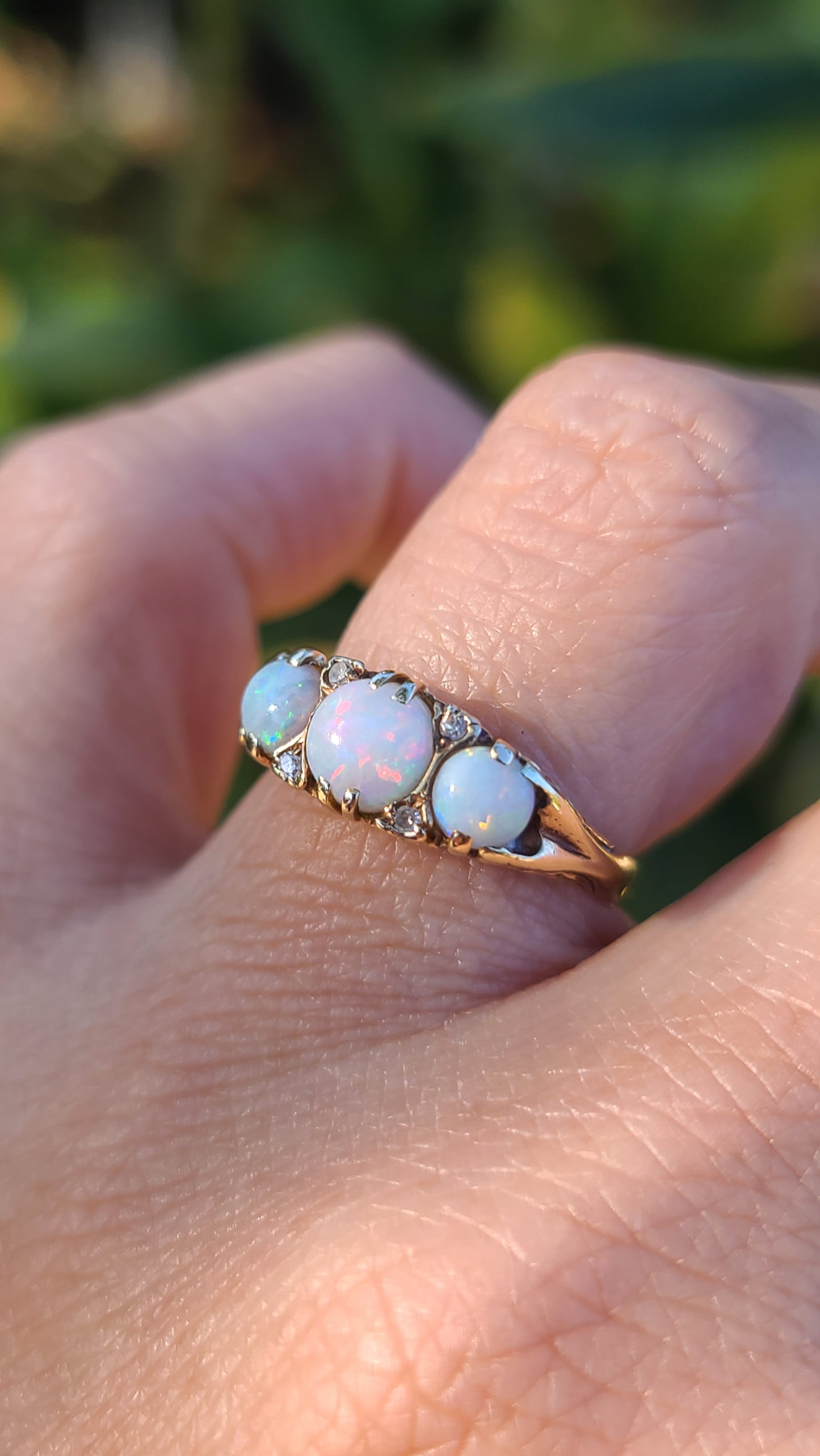 English 9K Opal and Diamond Vintage Ring, size 6.75 US