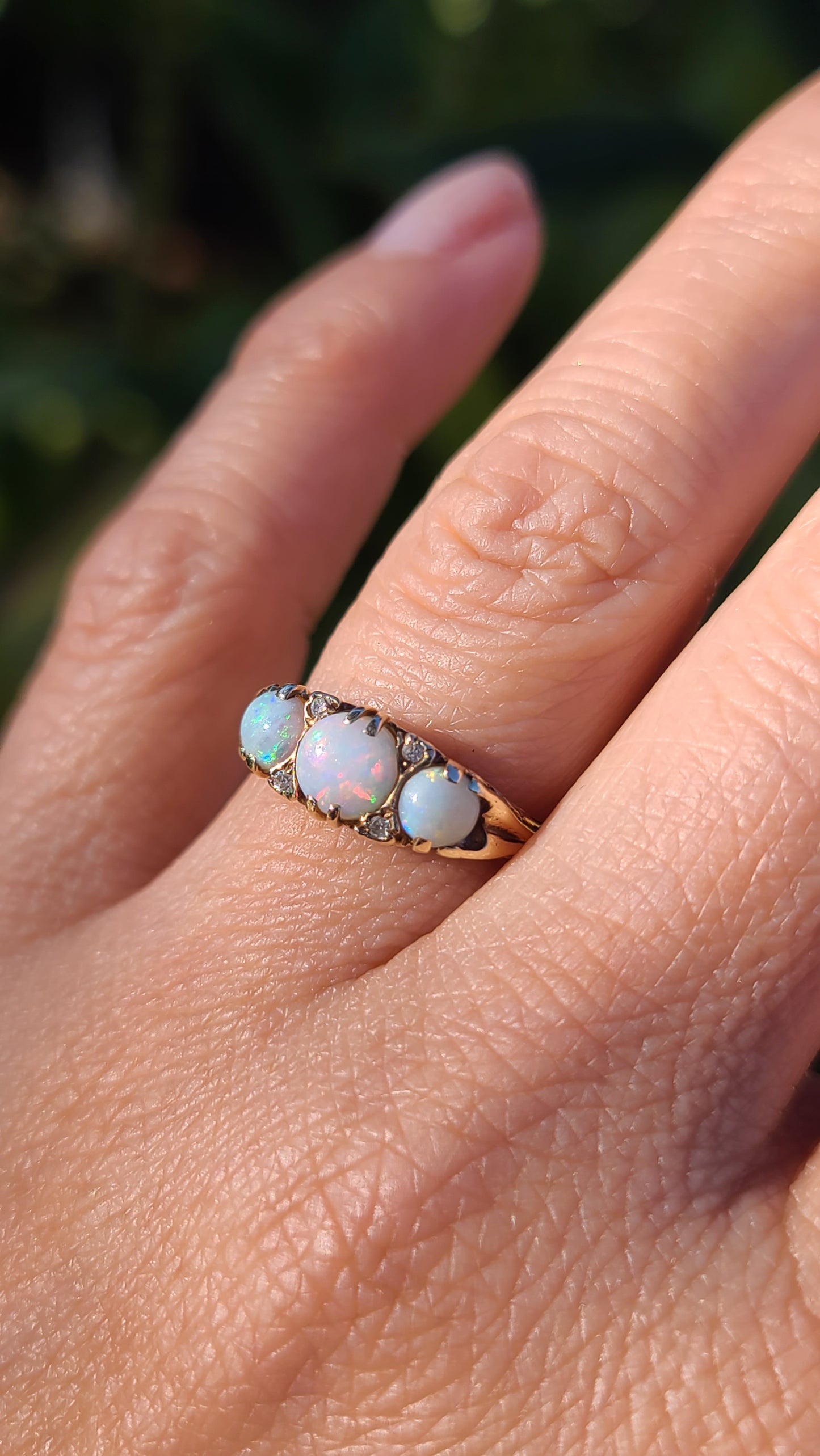 English 9K Opal and Diamond Vintage Ring, size 6.75 US