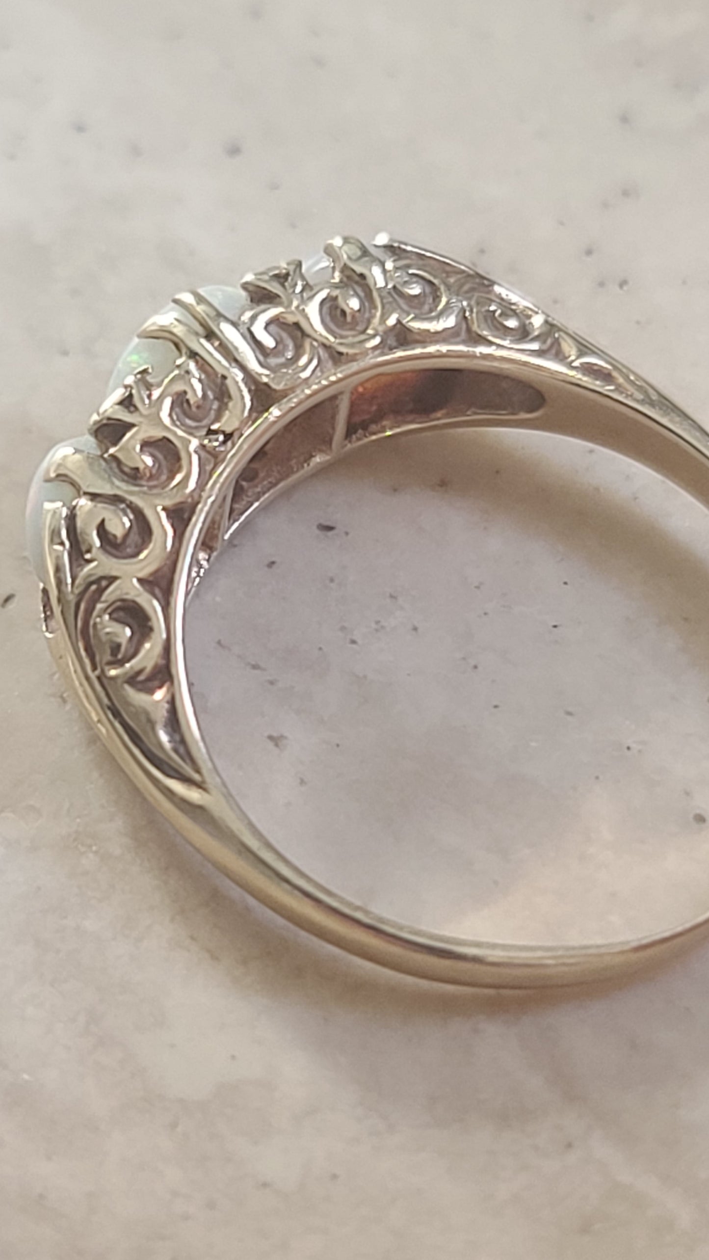 English 9K Opal and Diamond Vintage Ring, size 6.75 US