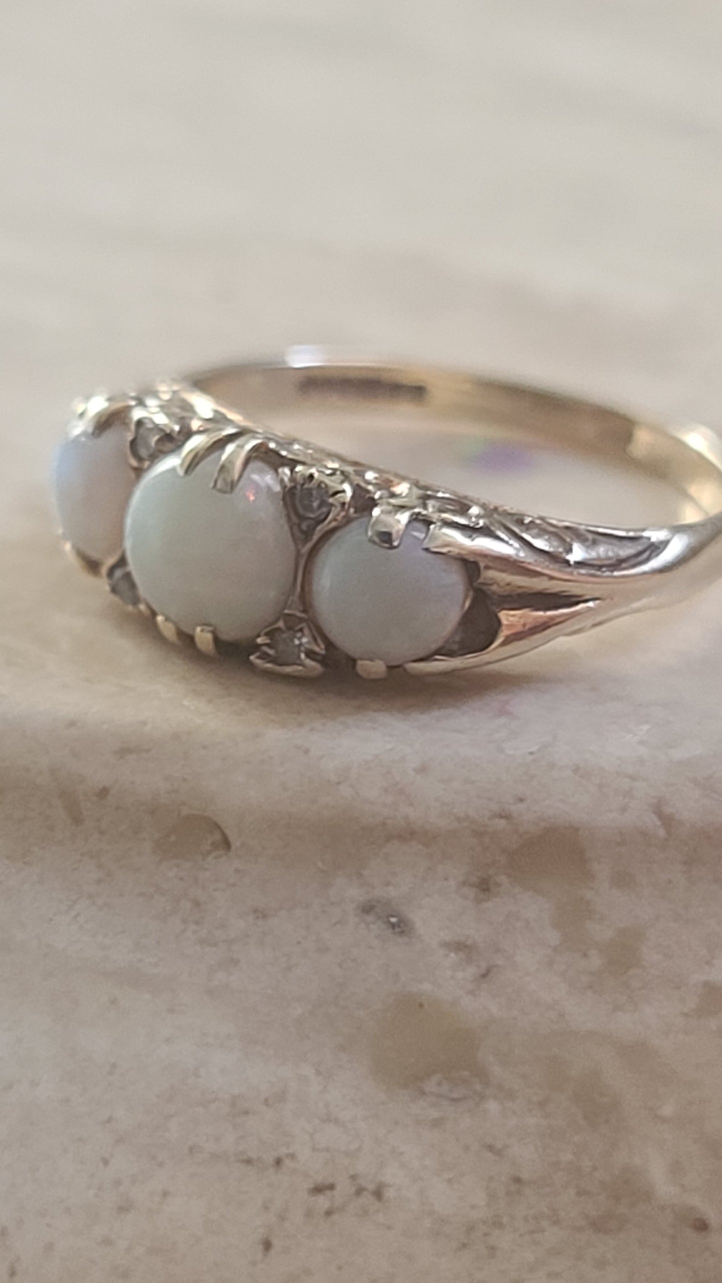 English 9K Opal and Diamond Vintage Ring, size 6.75 US