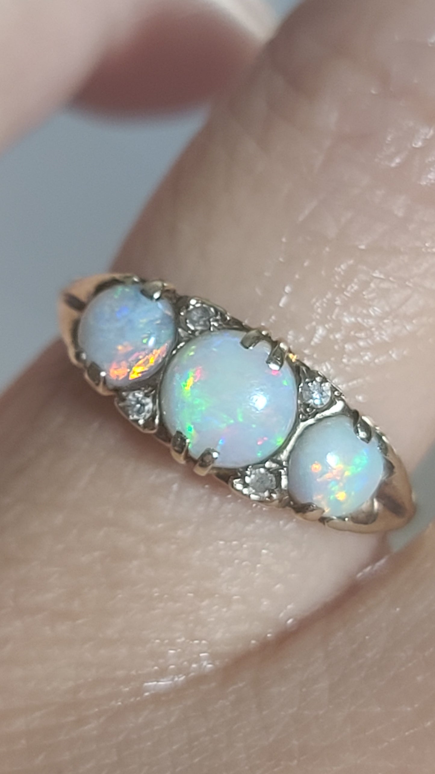 English 9K Opal and Diamond Vintage Ring, size 6.75 US