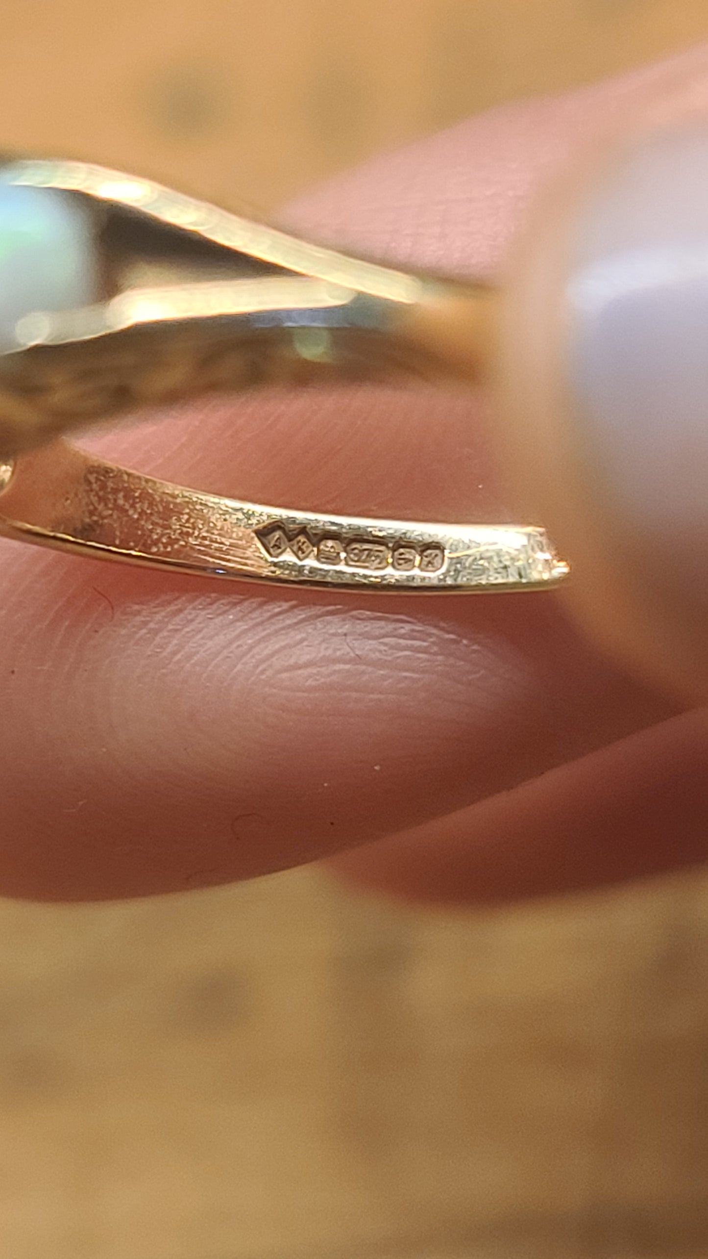 English 9K Opal and Diamond Vintage Ring, size 6.75 US