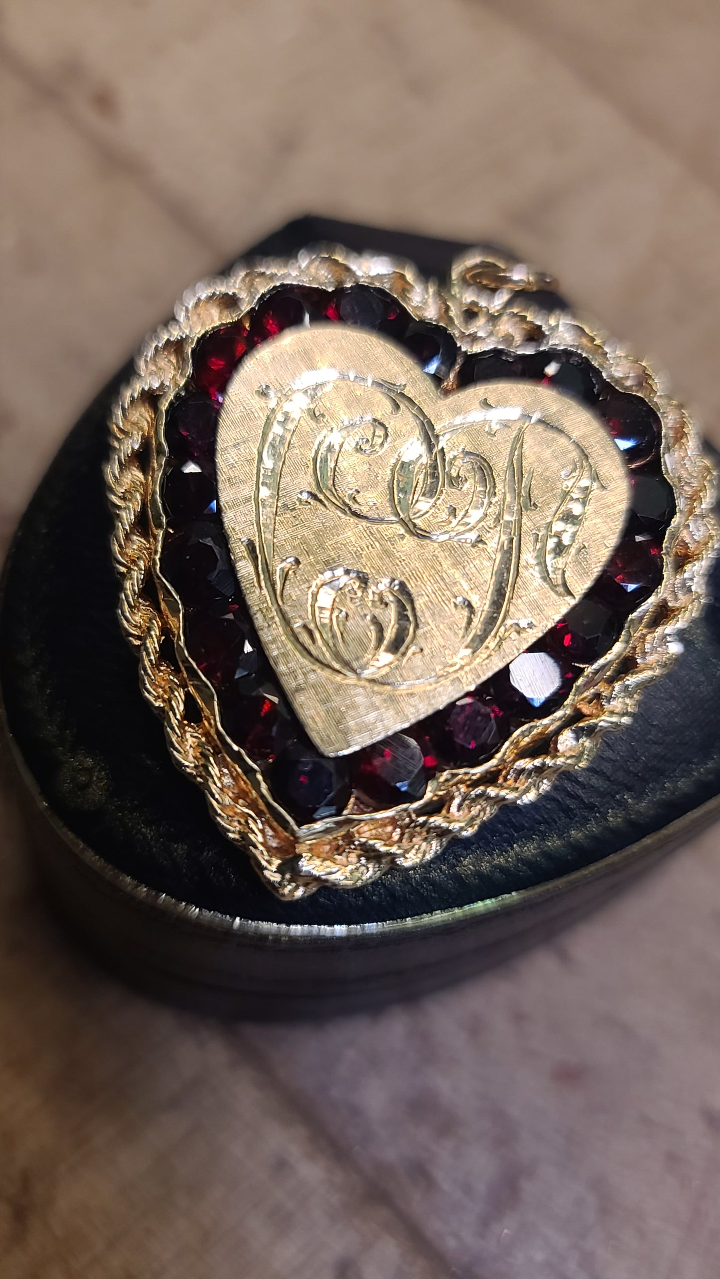 Heart Pendant with Red Garnets, Rope Design and Engravings, 14K Yellow Gold