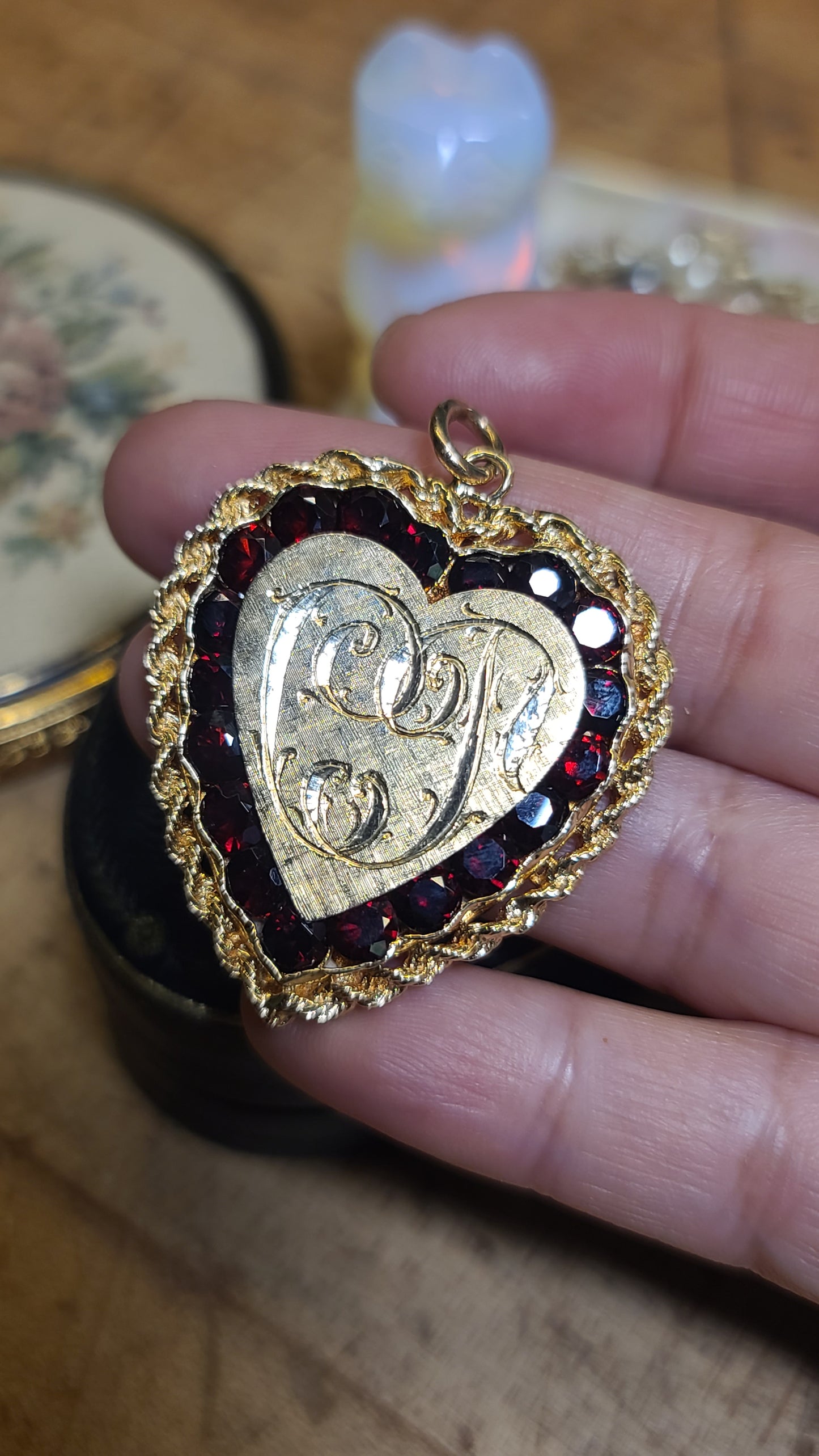 Heart Pendant with Red Garnets, Rope Design and Engravings, 14K Yellow Gold