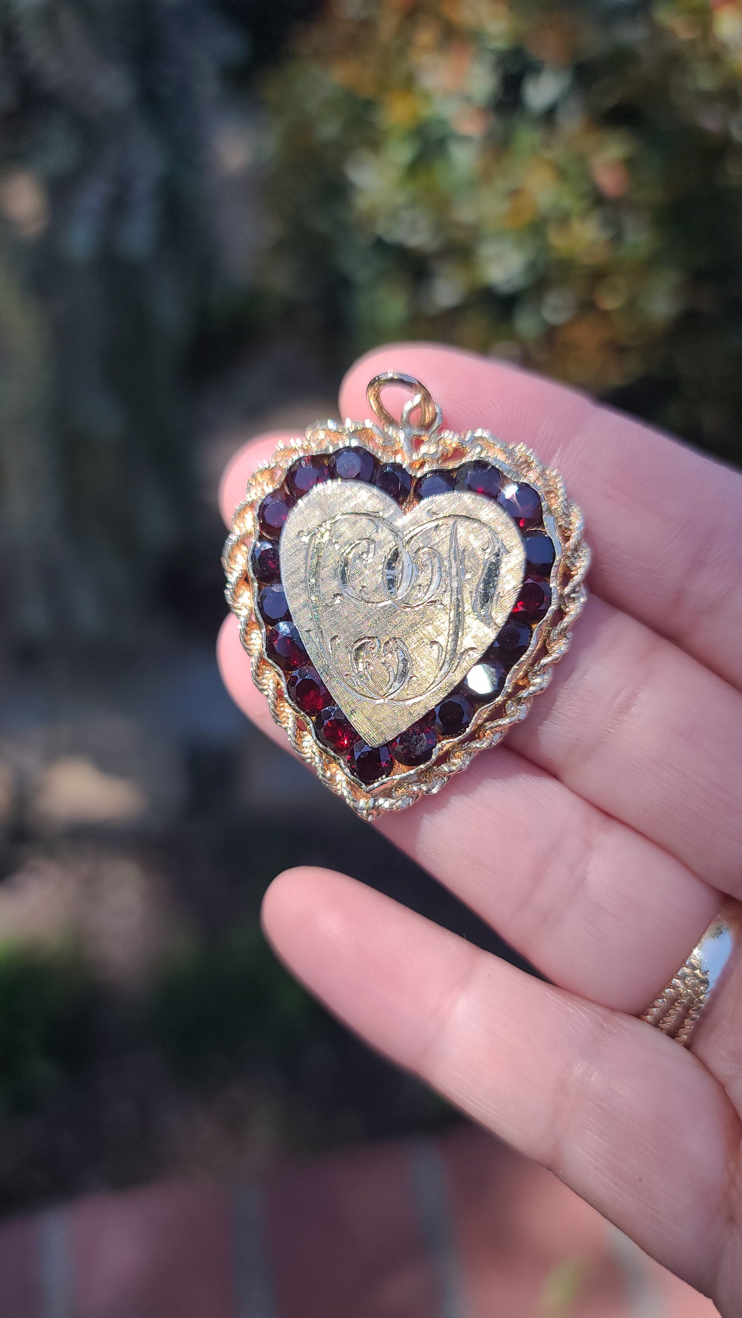Heart Pendant with Red Garnets, Rope Design and Engravings, 14K Yellow Gold