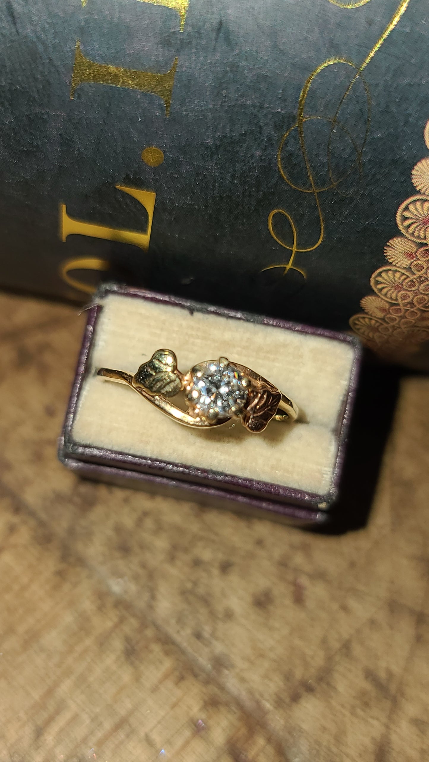 14K Diamond Leaf Ring, size 7.5