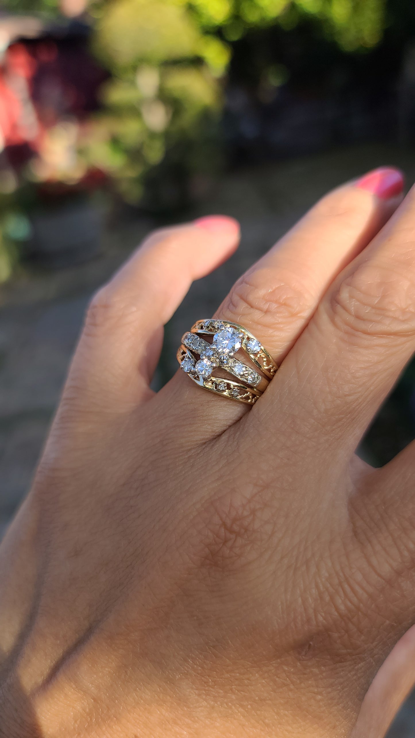 14K Three Row Design Diamond Ring with Arthritic Band Closure by BRUNER, size 6.75 US,