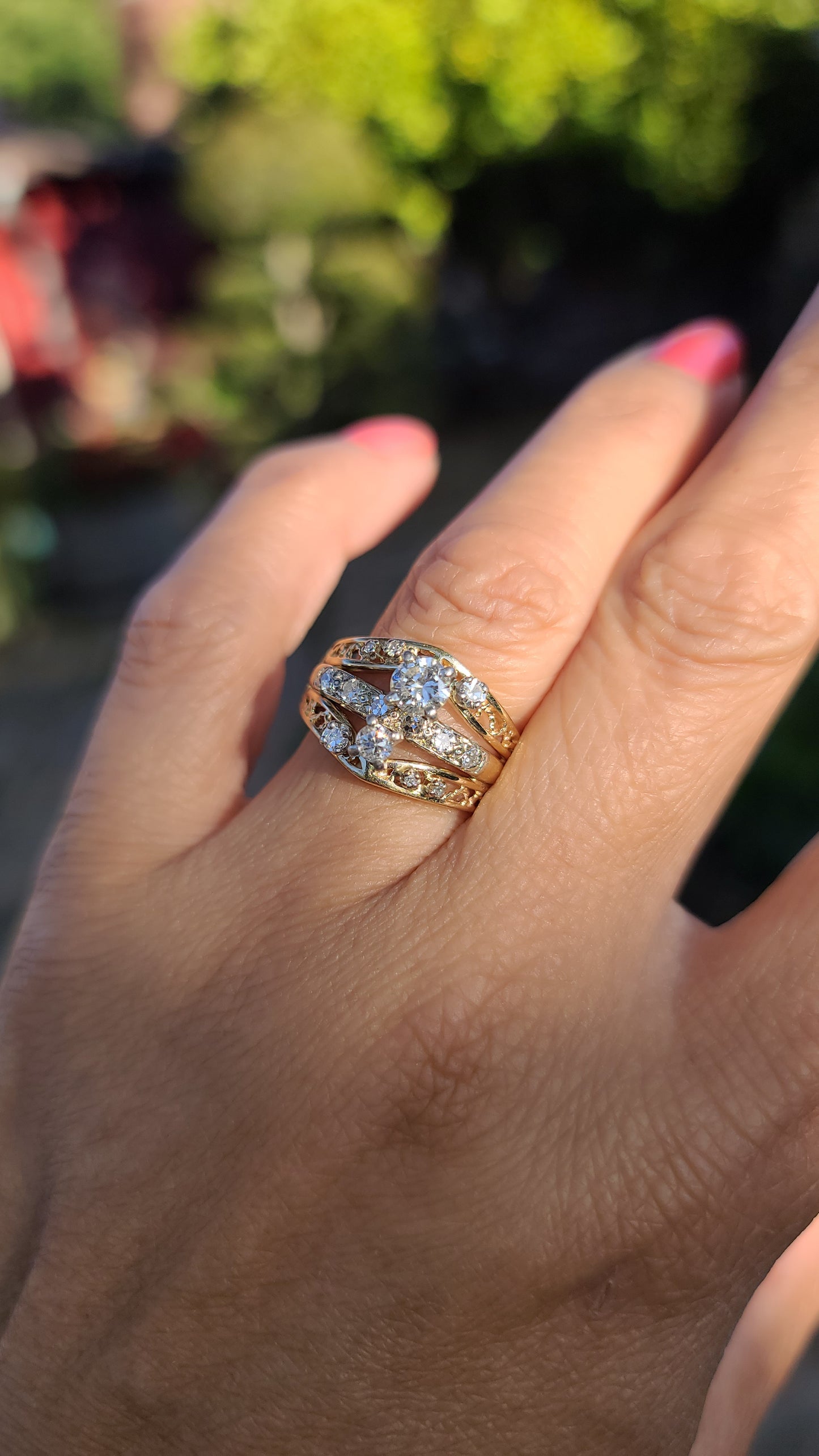 14K Three Row Design Diamond Ring with Arthritic Band Closure by BRUNER, size 6.75 US,