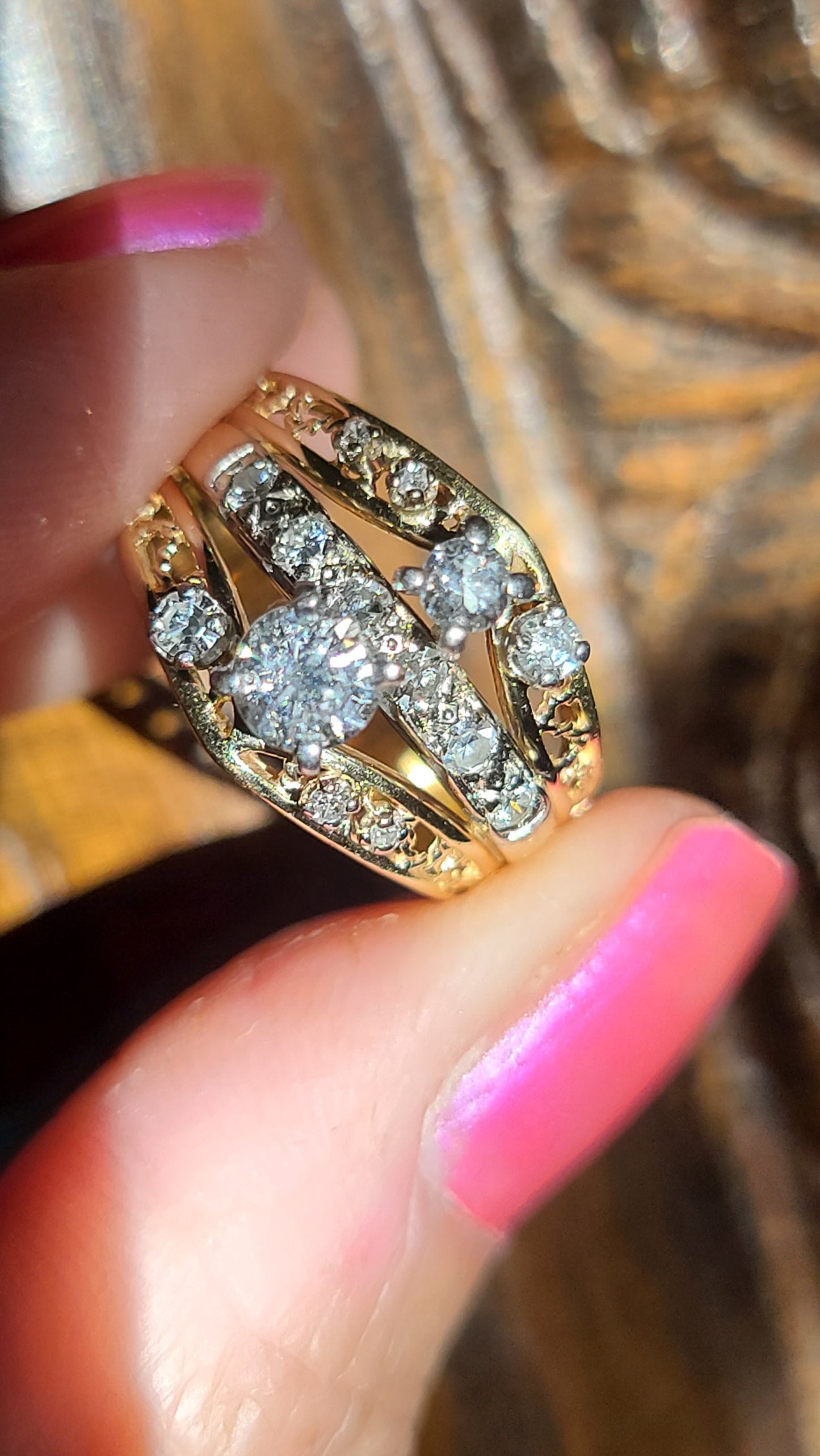 14K Three Row Design Diamond Ring with Arthritic Band Closure by BRUNER, size 6.75 US,