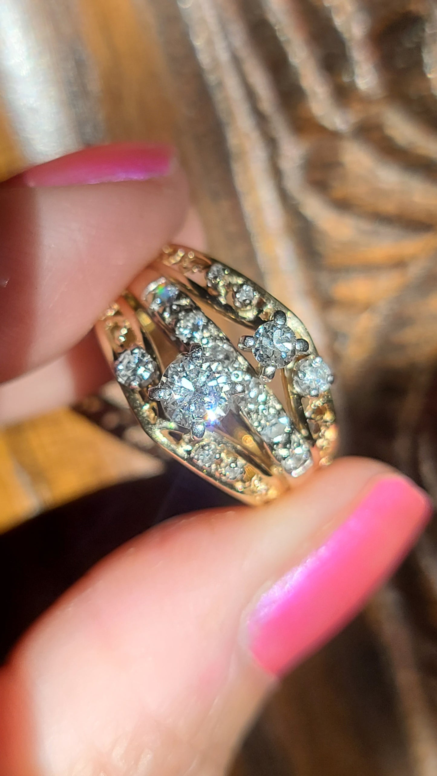 14K Three Row Design Diamond Ring with Arthritic Band Closure by BRUNER, size 6.75 US,