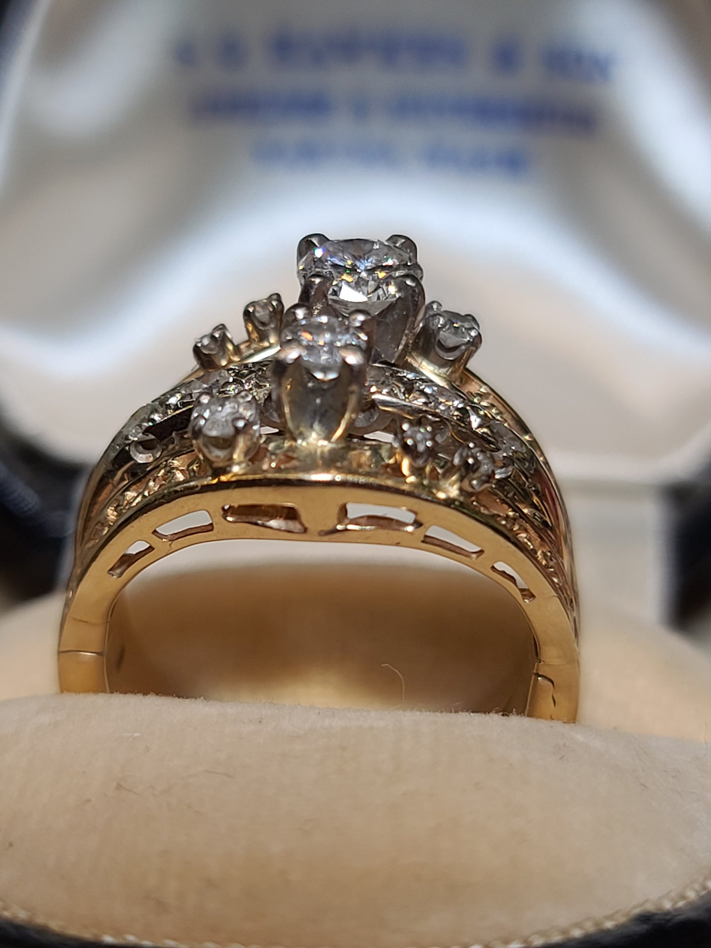 14K Three Row Design Diamond Ring with Arthritic Band Closure by BRUNER, size 6.75 US,