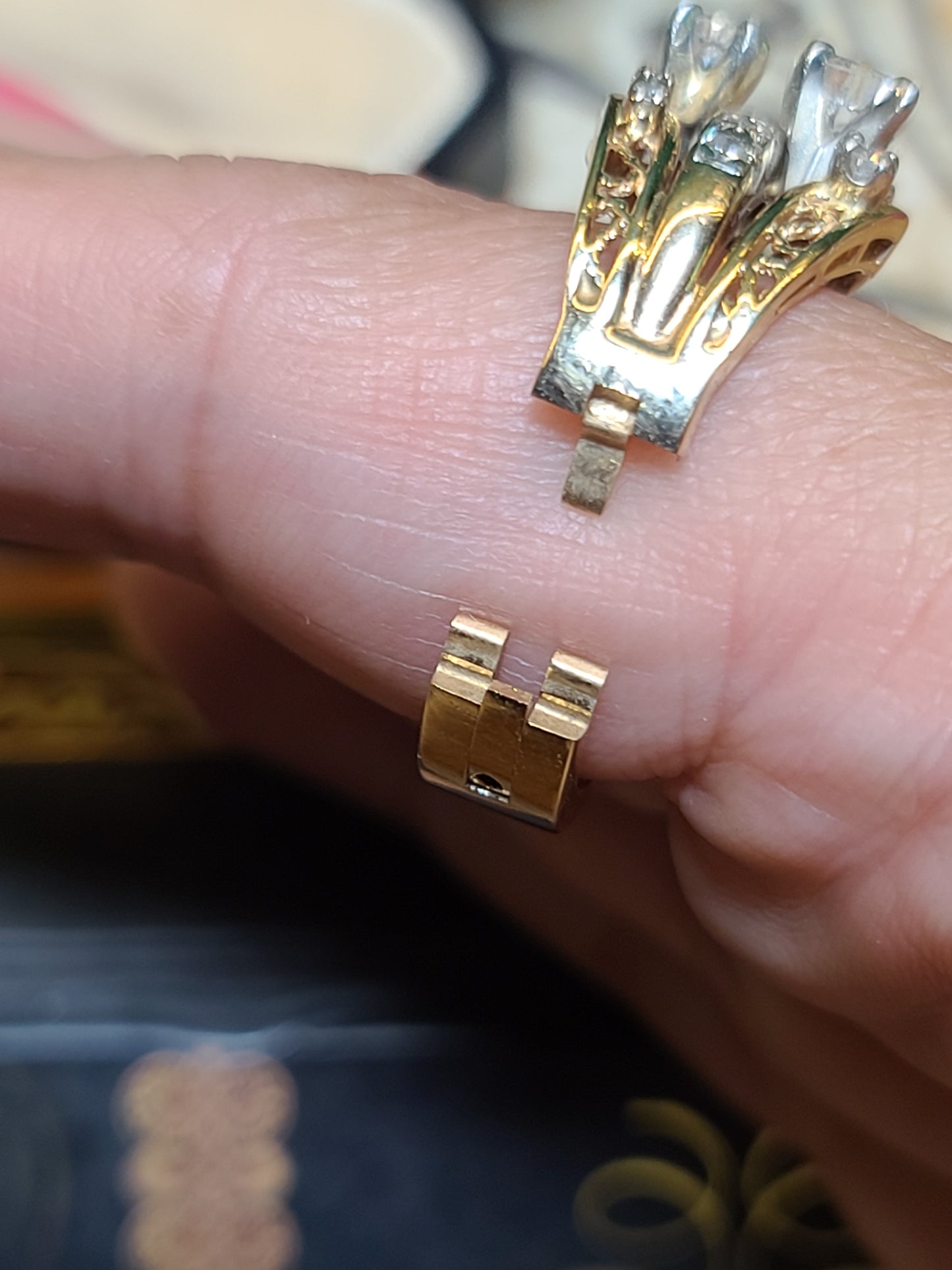 14K Three Row Design Diamond Ring with Arthritic Band Closure by BRUNER, size 6.75 US,