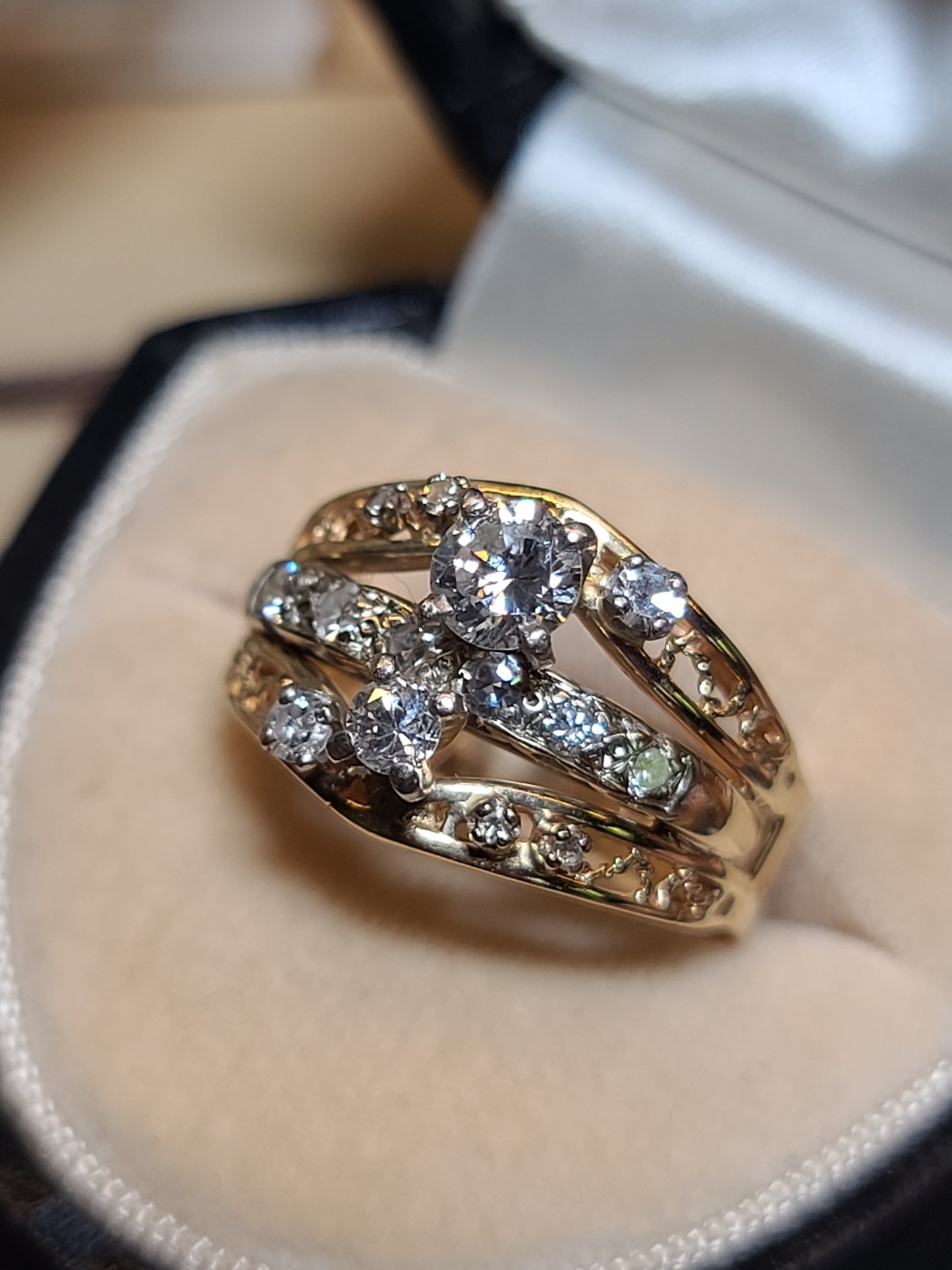 14K Three Row Design Diamond Ring with Arthritic Band Closure by BRUNER, size 6.75 US,