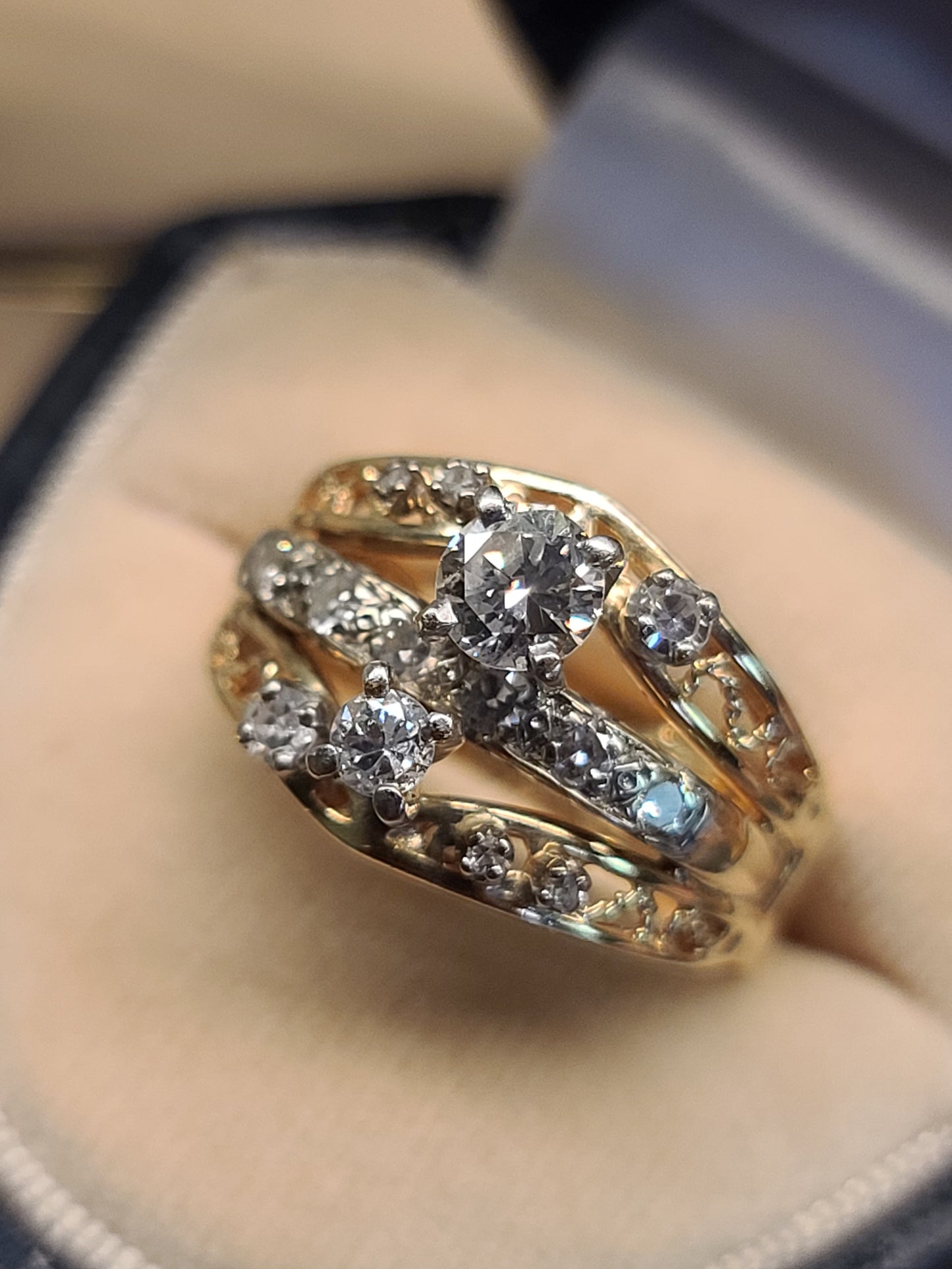 14K Three Row Design Diamond Ring with Arthritic Band Closure by BRUNER, size 6.75 US,