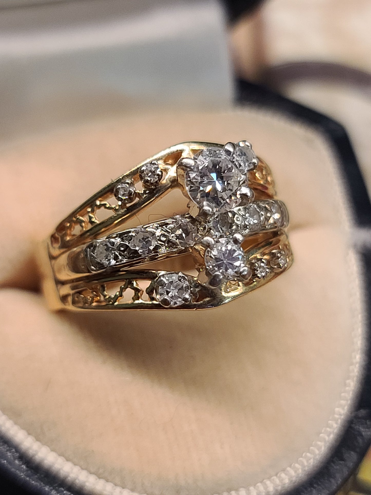 14K Three Row Design Diamond Ring with Arthritic Band Closure by BRUNER, size 6.75 US,
