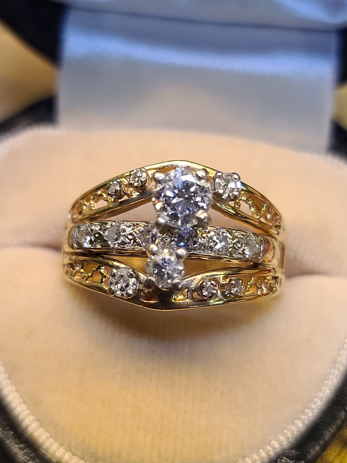 14K Three Row Design Diamond Ring with Arthritic Band Closure by BRUNER, size 6.75 US,