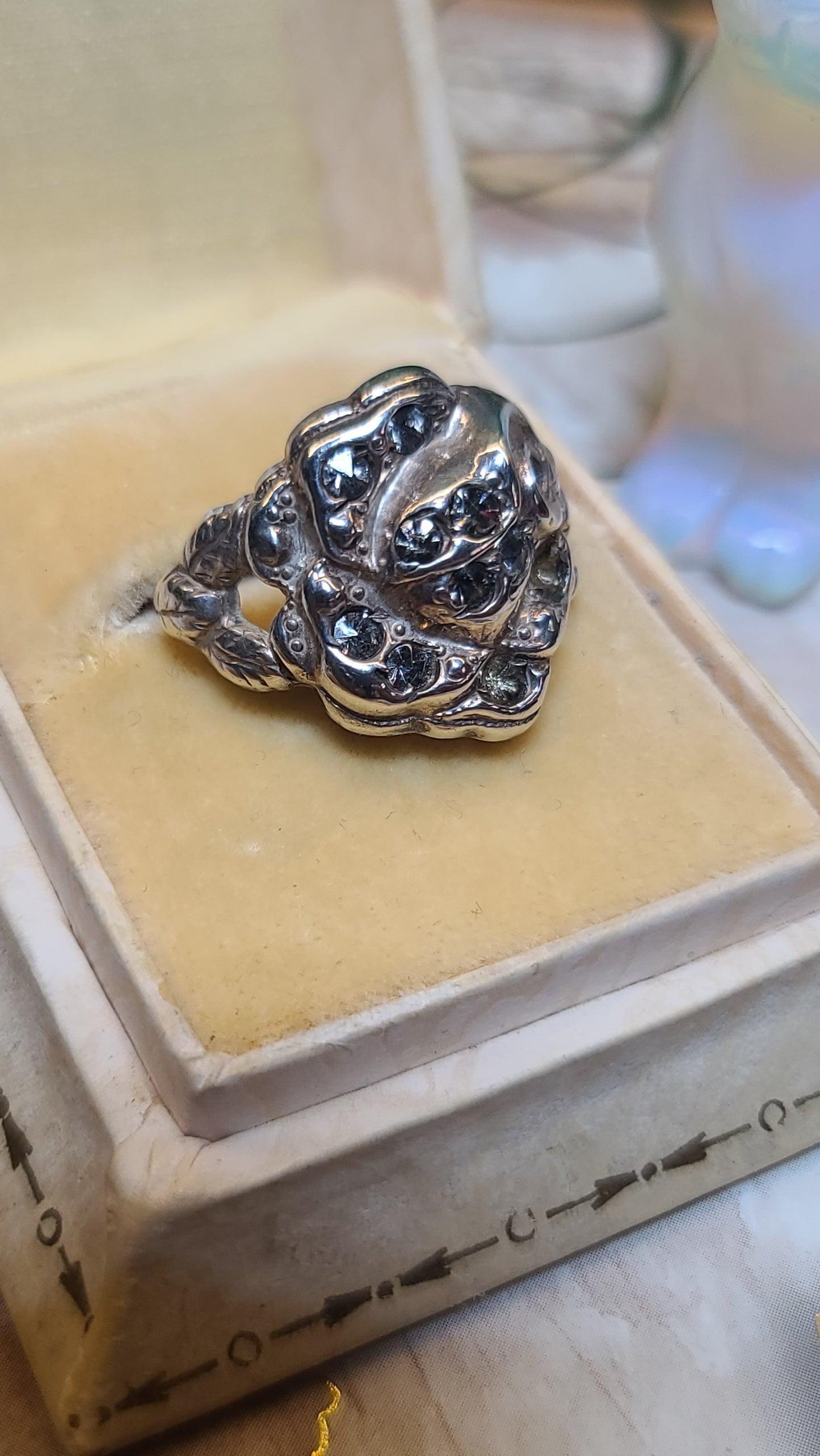 Antique Sterling Silver Rose Ring with Paste Stones, size 6.25US