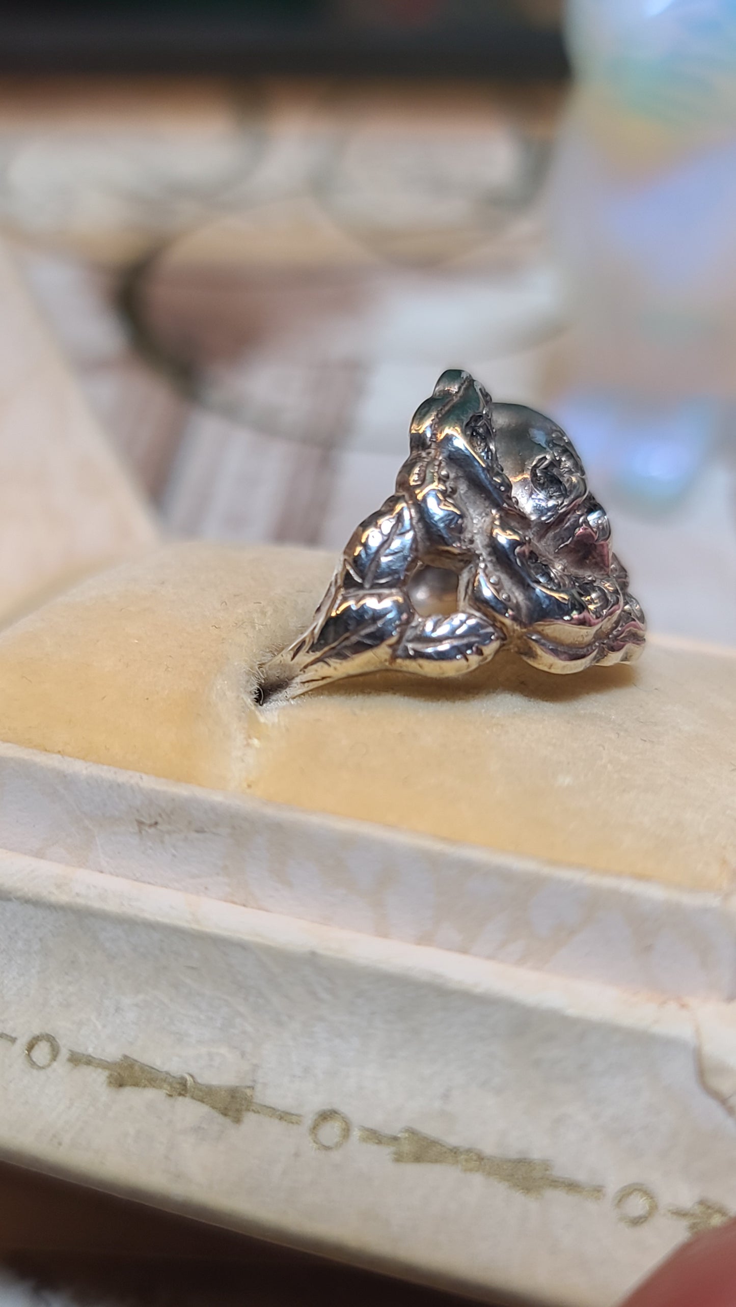 Antique Sterling Silver Rose Ring with Paste Stones, size 6.25US