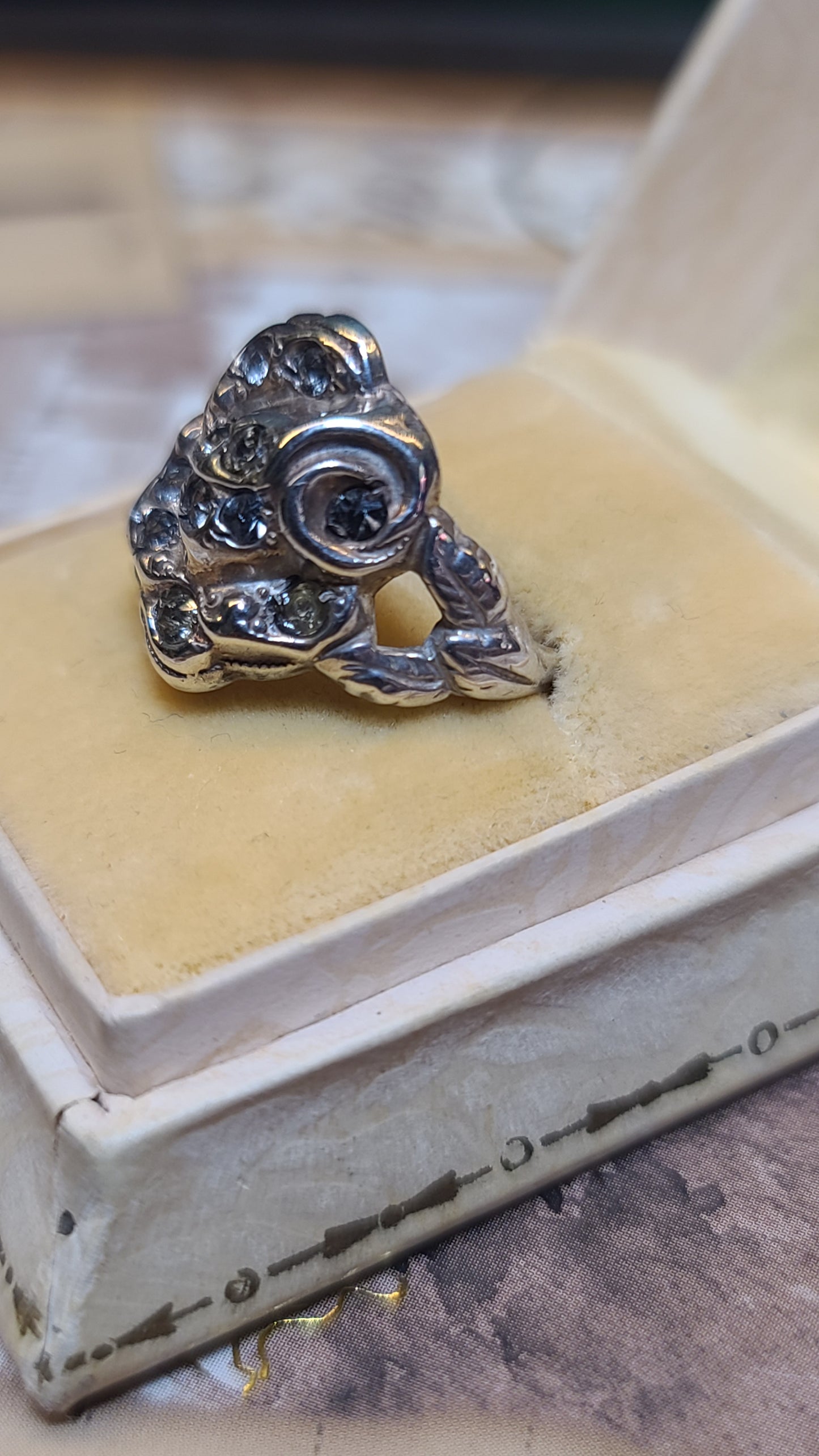 Antique Sterling Silver Rose Ring with Paste Stones, size 6.25US