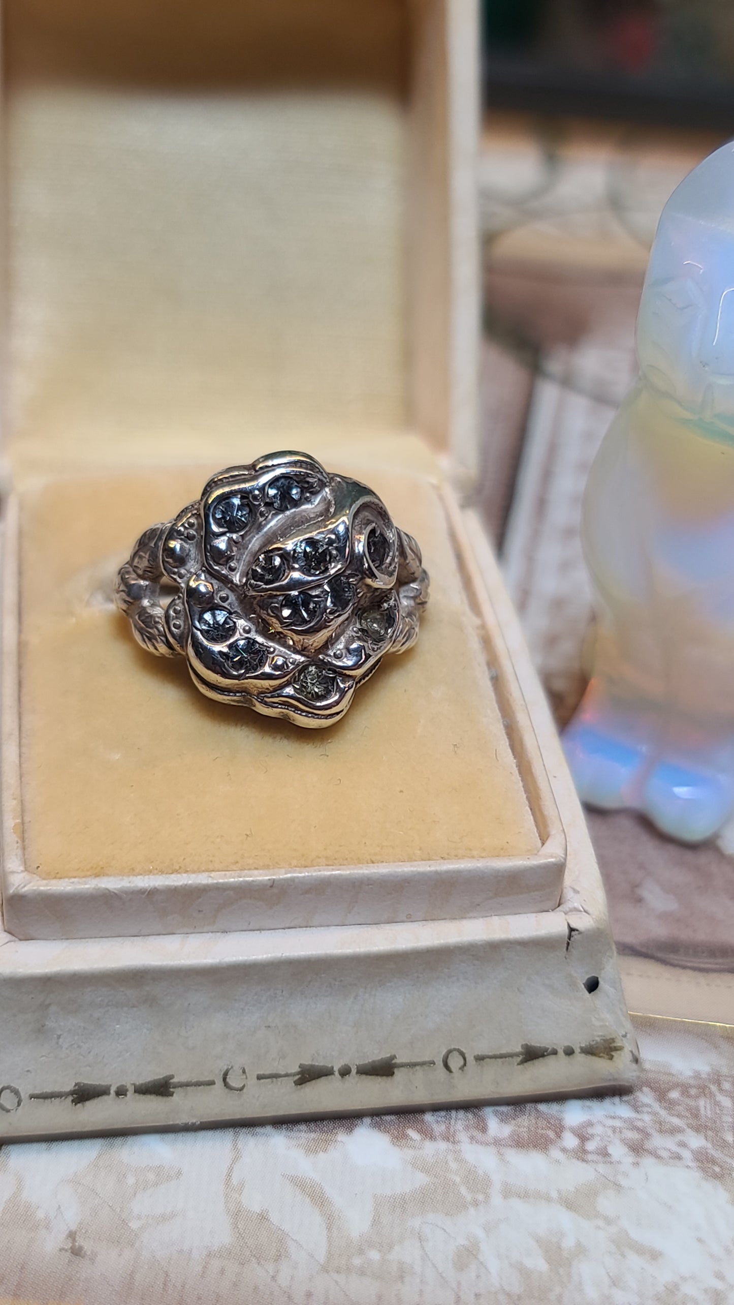 Antique Sterling Silver Rose Ring with Paste Stones, size 6.25US