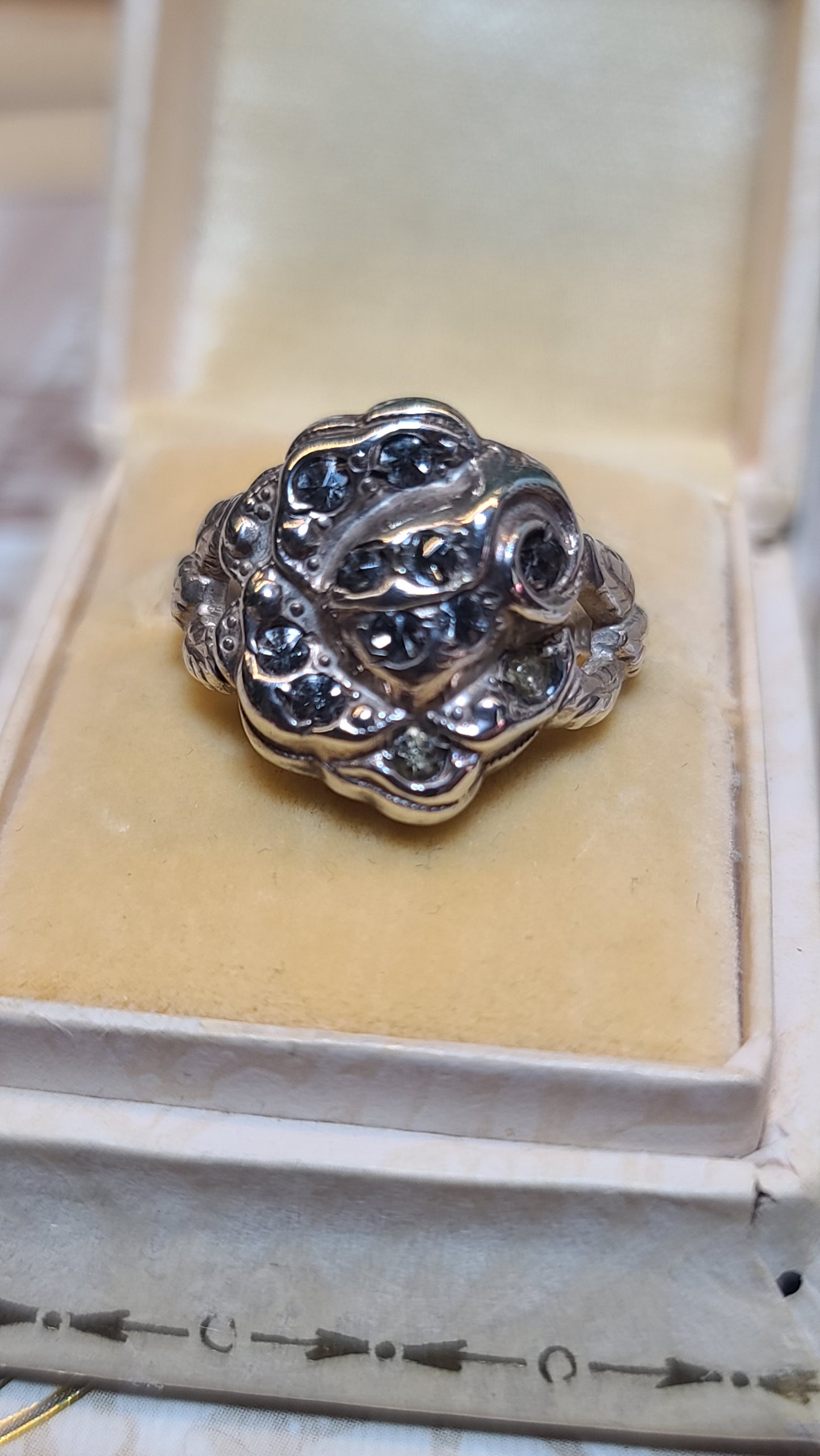 Antique Sterling Silver Rose Ring with Paste Stones, size 6.25US