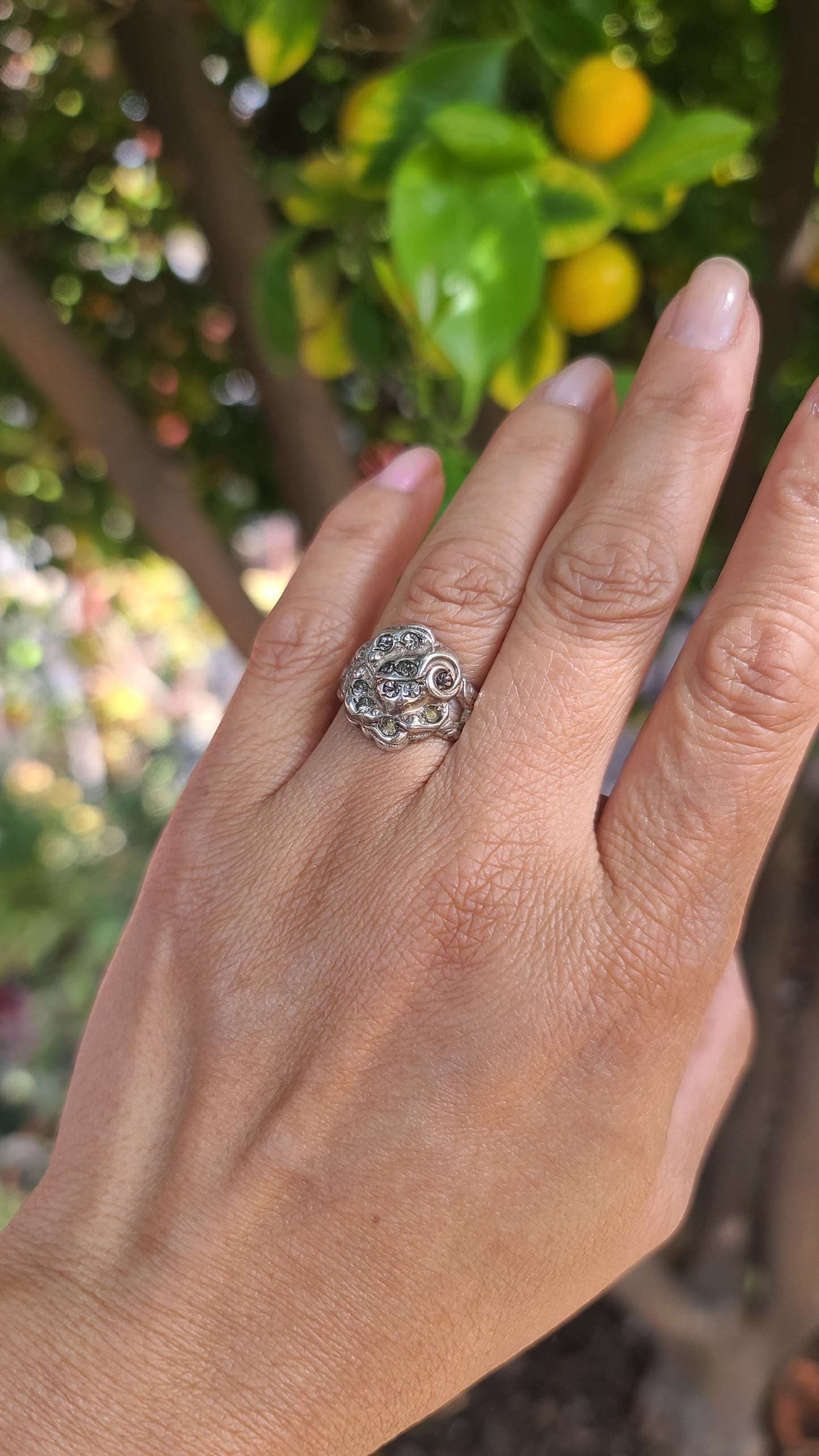 Antique Sterling Silver Rose Ring with Paste Stones, size 6.25US