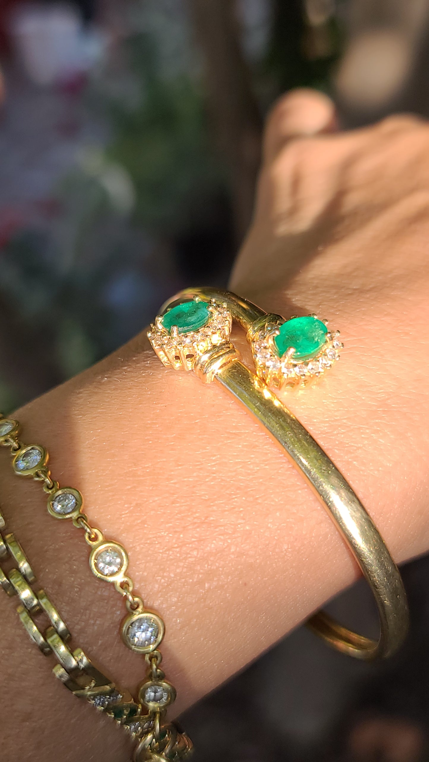 Toi et Moi Emerald and Diamond Bangle Bracelet, 14K Yellow Gold