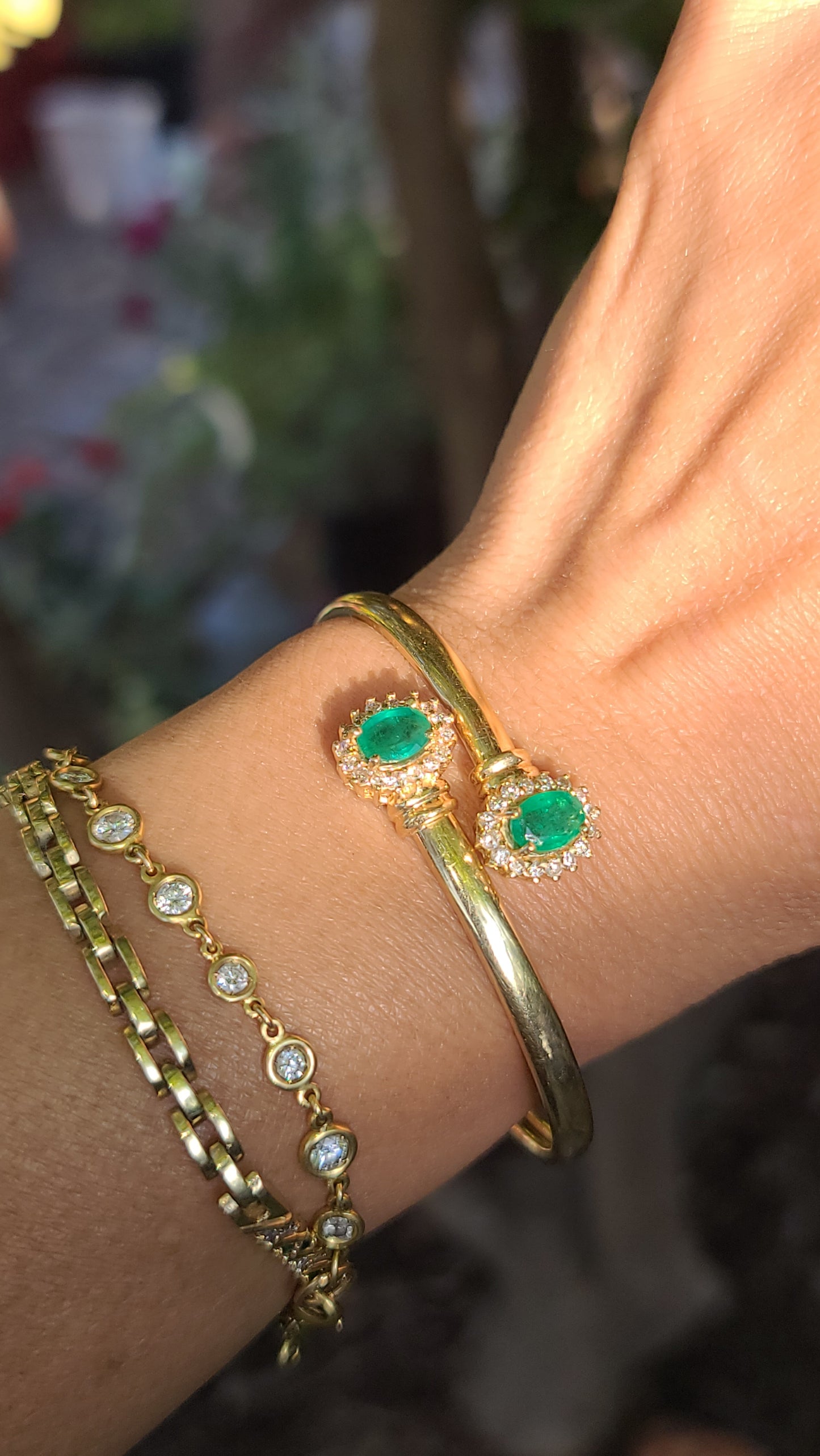 Toi et Moi Emerald and Diamond Bangle Bracelet, 14K Yellow Gold