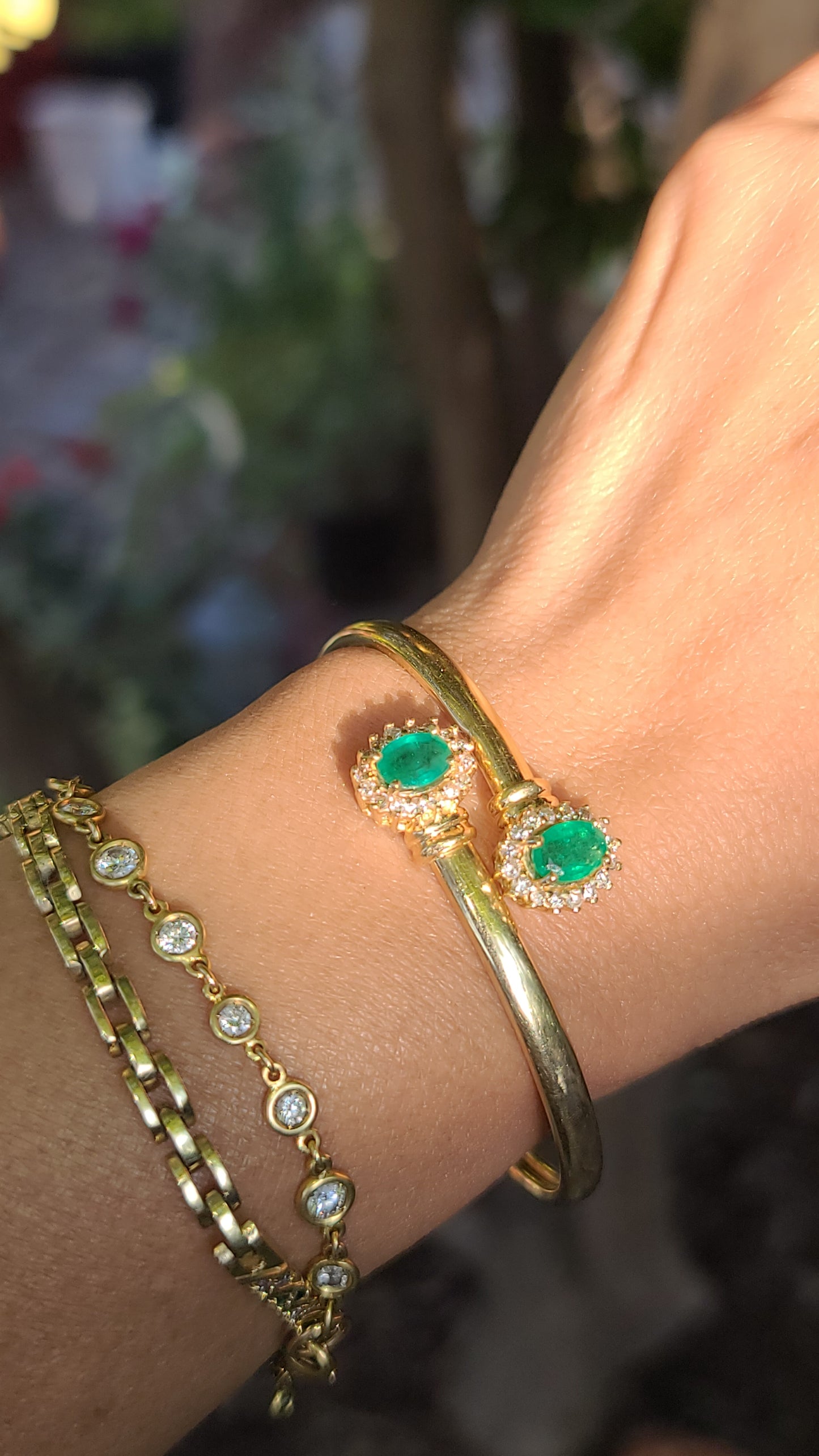 Toi et Moi Emerald and Diamond Bangle Bracelet, 14K Yellow Gold
