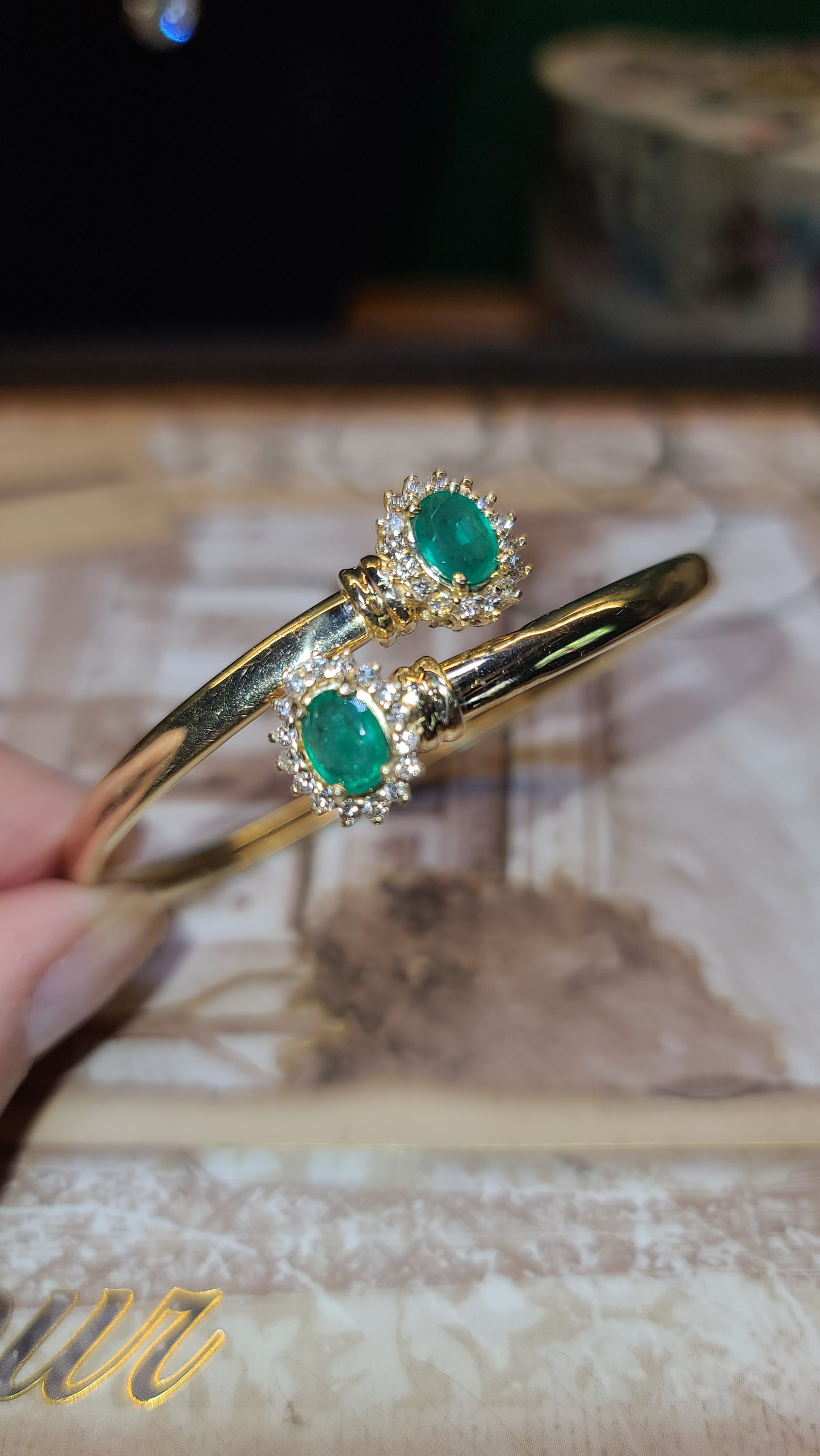 Toi et Moi Emerald and Diamond Bangle Bracelet, 14K Yellow Gold