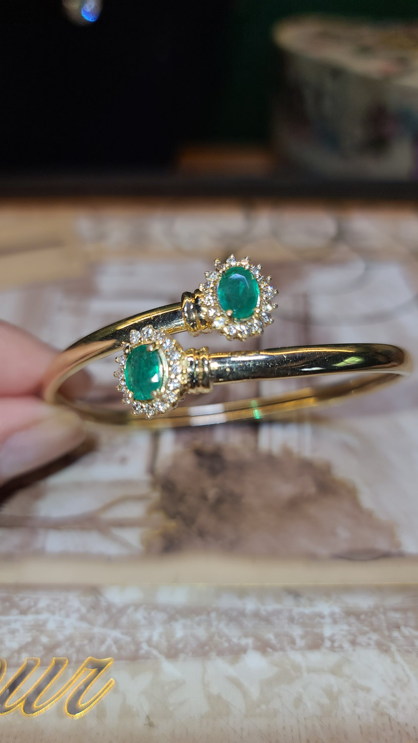 Toi et Moi Emerald and Diamond Bangle Bracelet, 14K Yellow Gold