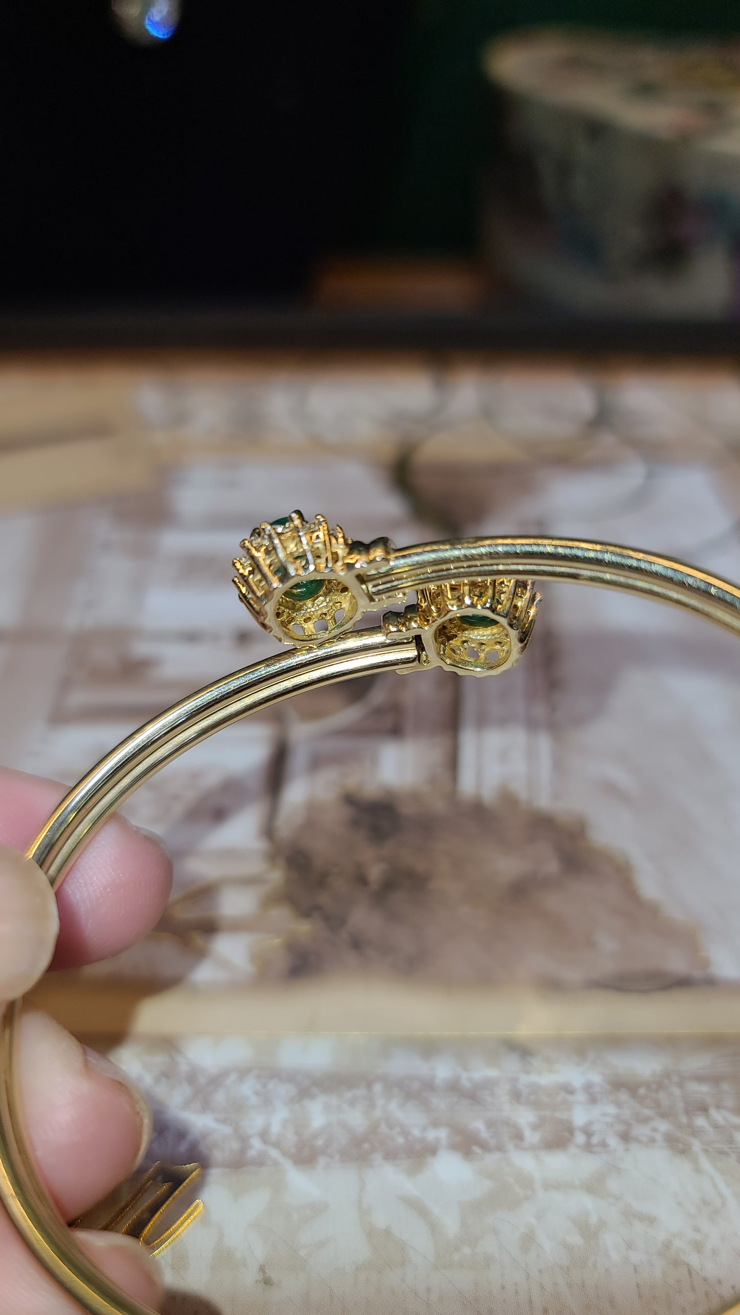 Toi et Moi Emerald and Diamond Bangle Bracelet, 14K Yellow Gold
