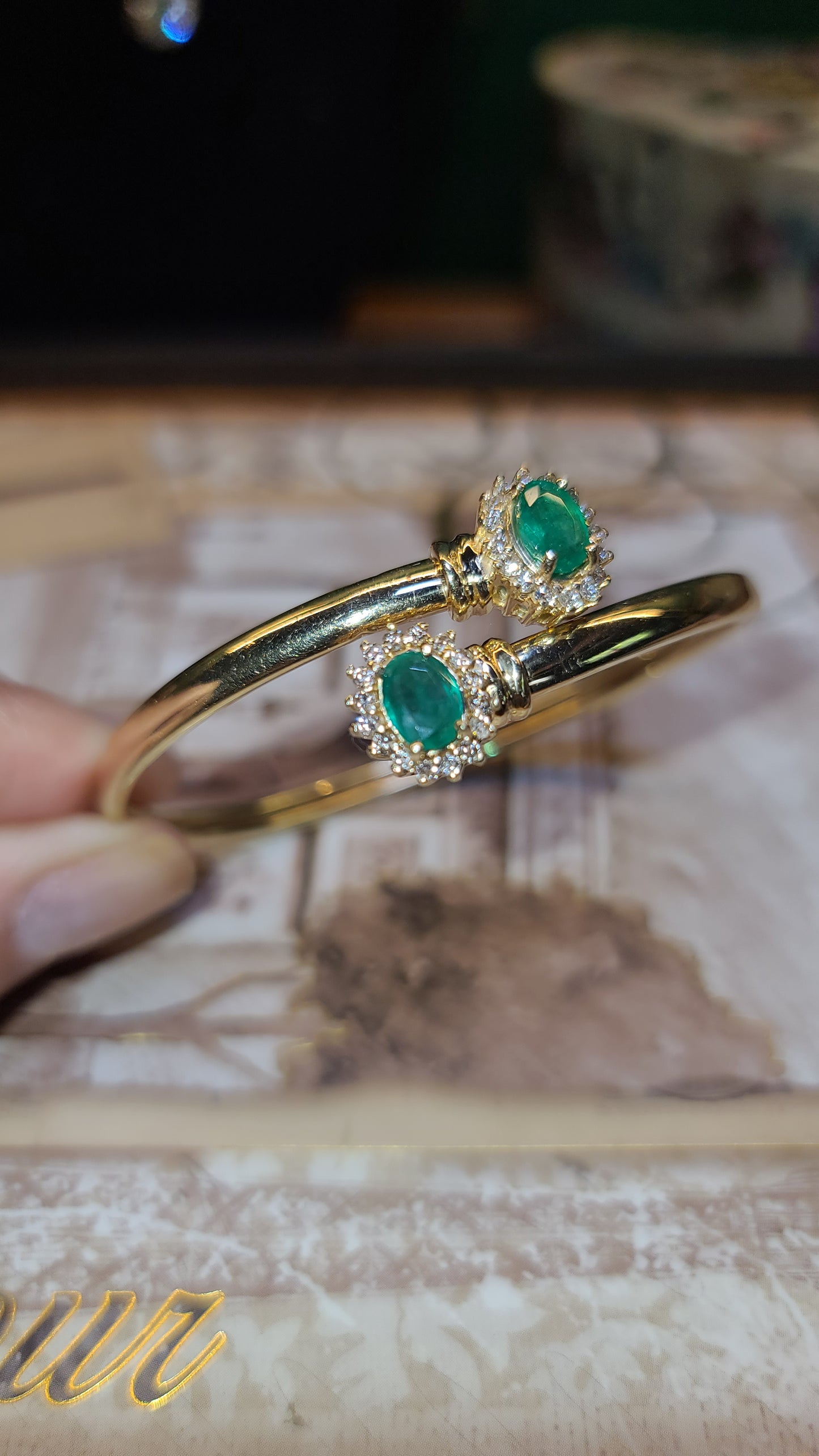 Toi et Moi Emerald and Diamond Bangle Bracelet, 14K Yellow Gold