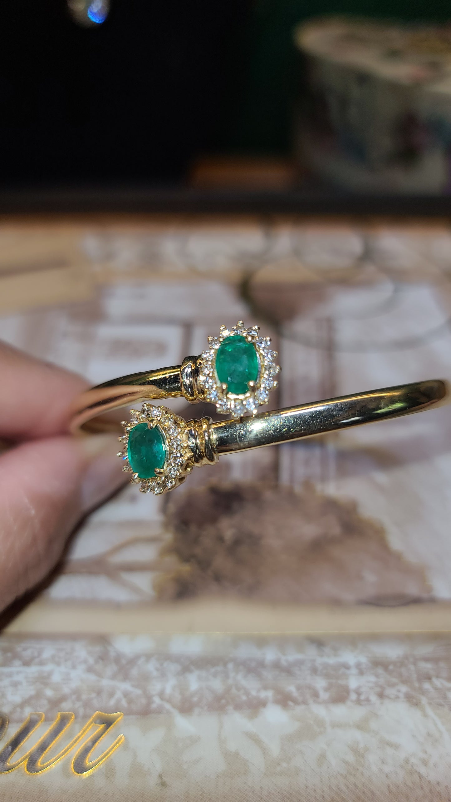 Toi et Moi Emerald and Diamond Bangle Bracelet, 14K Yellow Gold