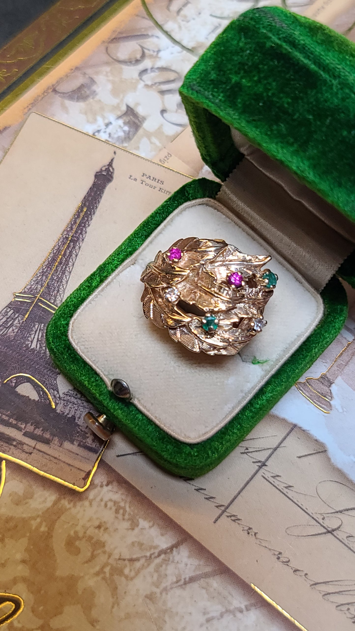 14K Gold Leaf Design Bombe Ring with Gemstones, size 7.5 US