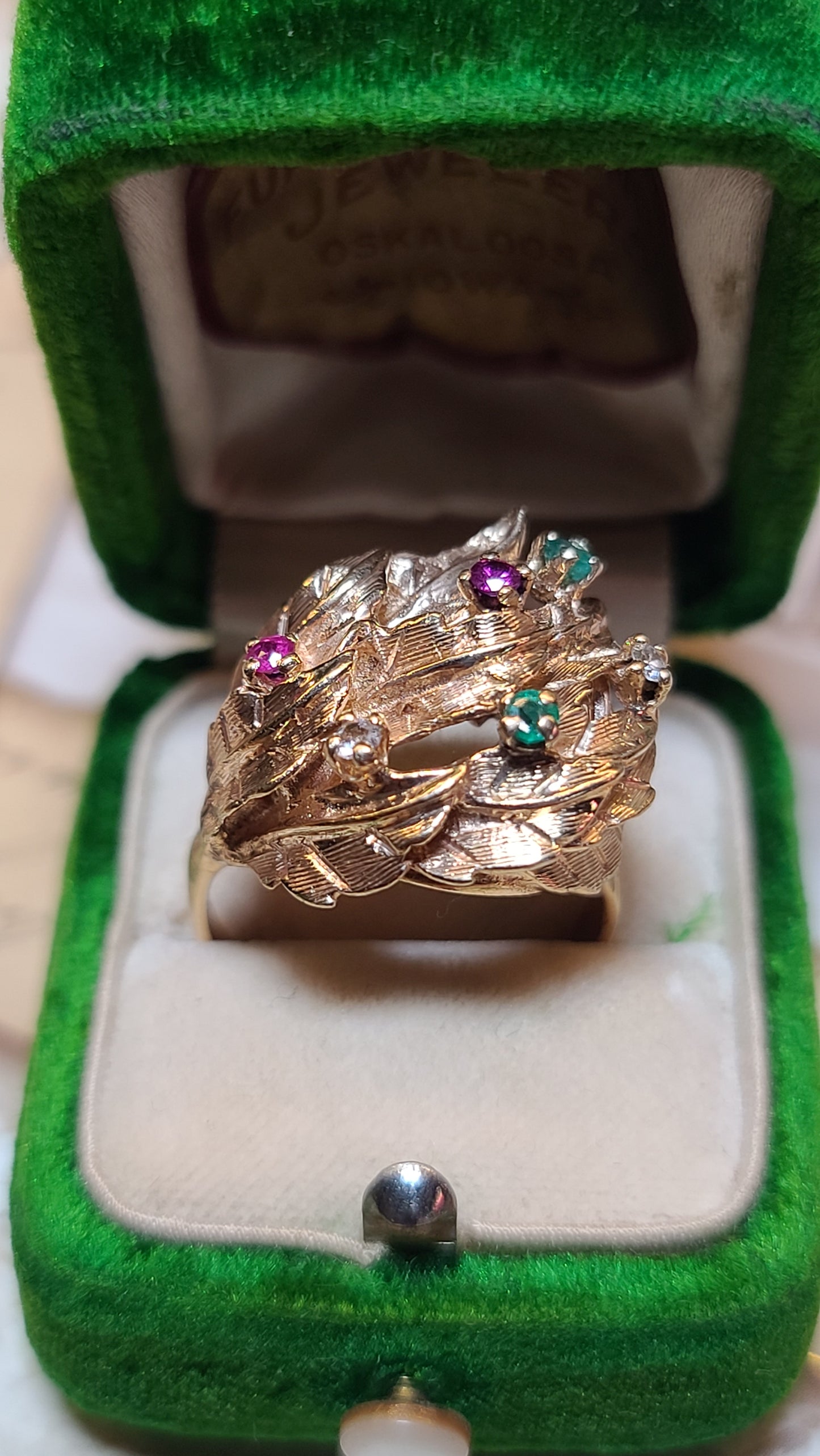 14K Gold Leaf Design Bombe Ring with Gemstones, size 7.5 US