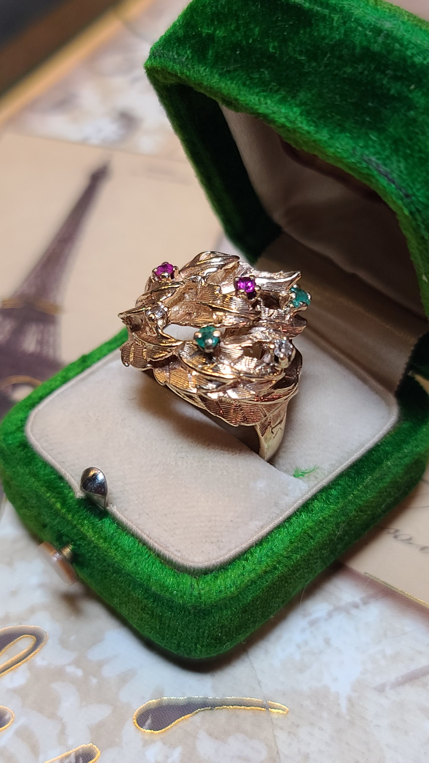 14K Gold Leaf Design Bombe Ring with Gemstones, size 7.5 US