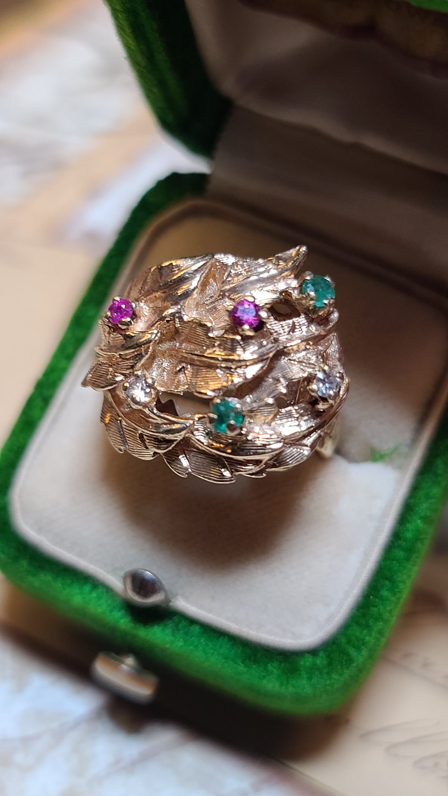 14K Gold Leaf Design Bombe Ring with Gemstones, size 7.5 US
