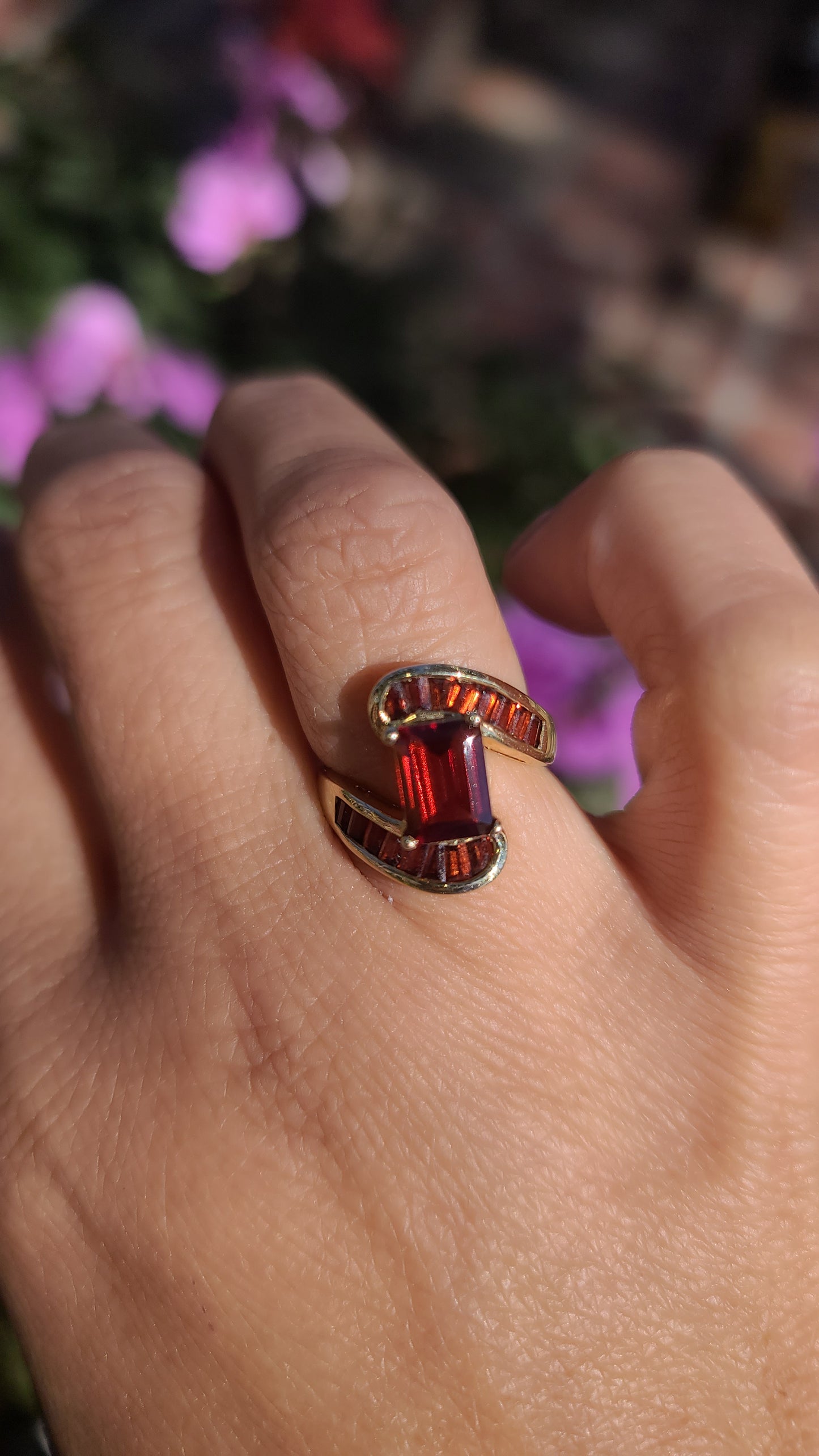 Emerald Cut Garnet Turbillion Style Garnet Ring, 10K Gold, size 5.25 US