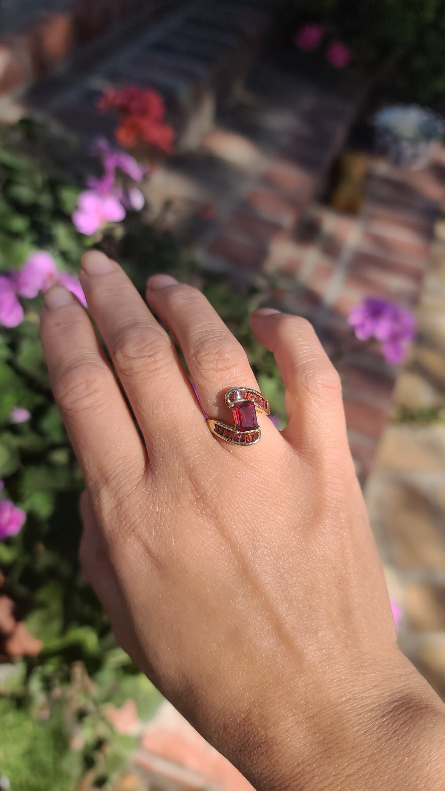 Emerald Cut Garnet Turbillion Style Garnet Ring, 10K Gold, size 5.25 US
