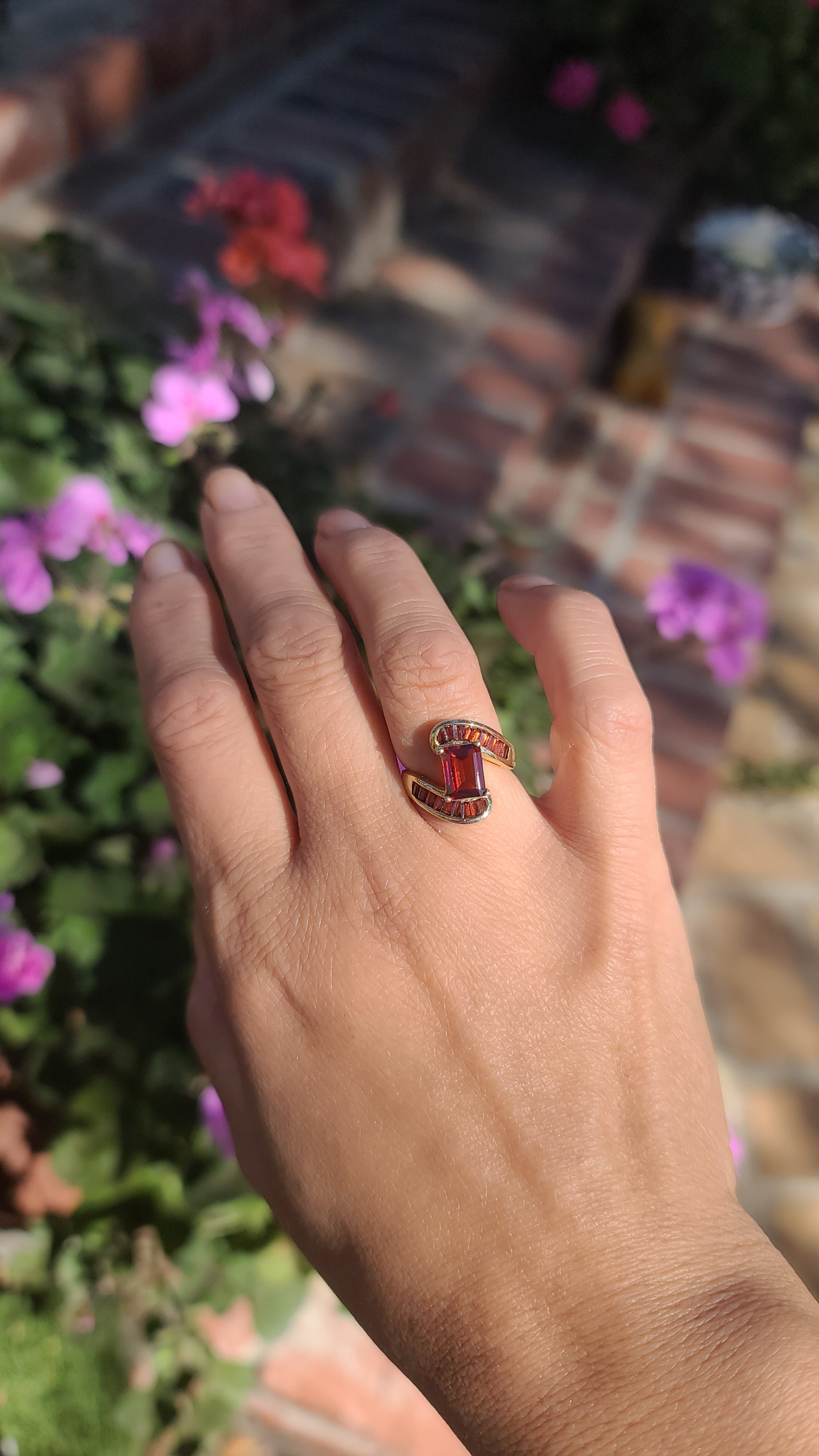 Emerald Cut Garnet Turbillion Style Garnet Ring, 10K Gold, size 5.25 US