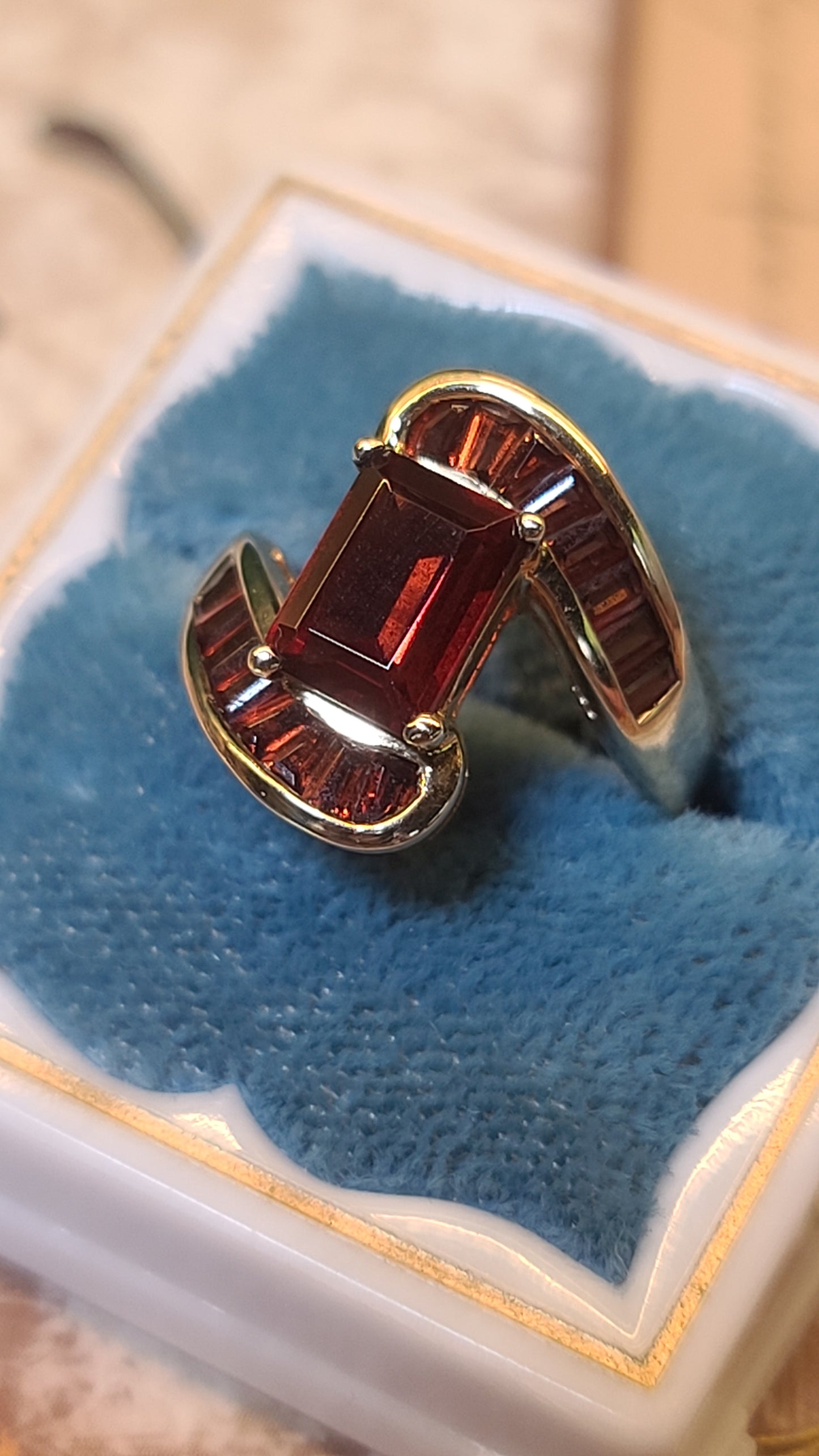 Emerald Cut Garnet Turbillion Style Garnet Ring, 10K Gold, size 5.25 US
