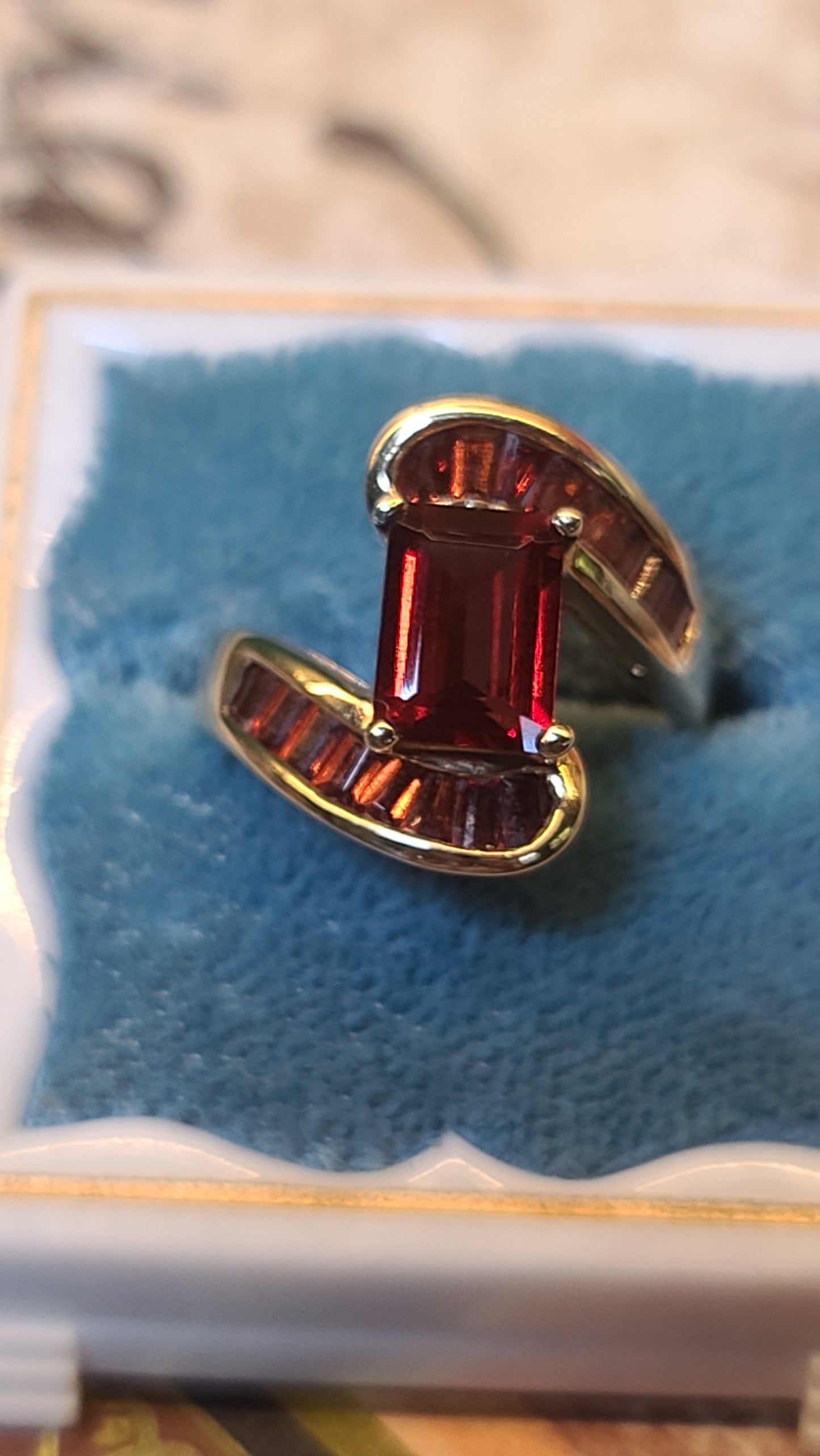 Emerald Cut Garnet Turbillion Style Garnet Ring, 10K Gold, size 5.25 US