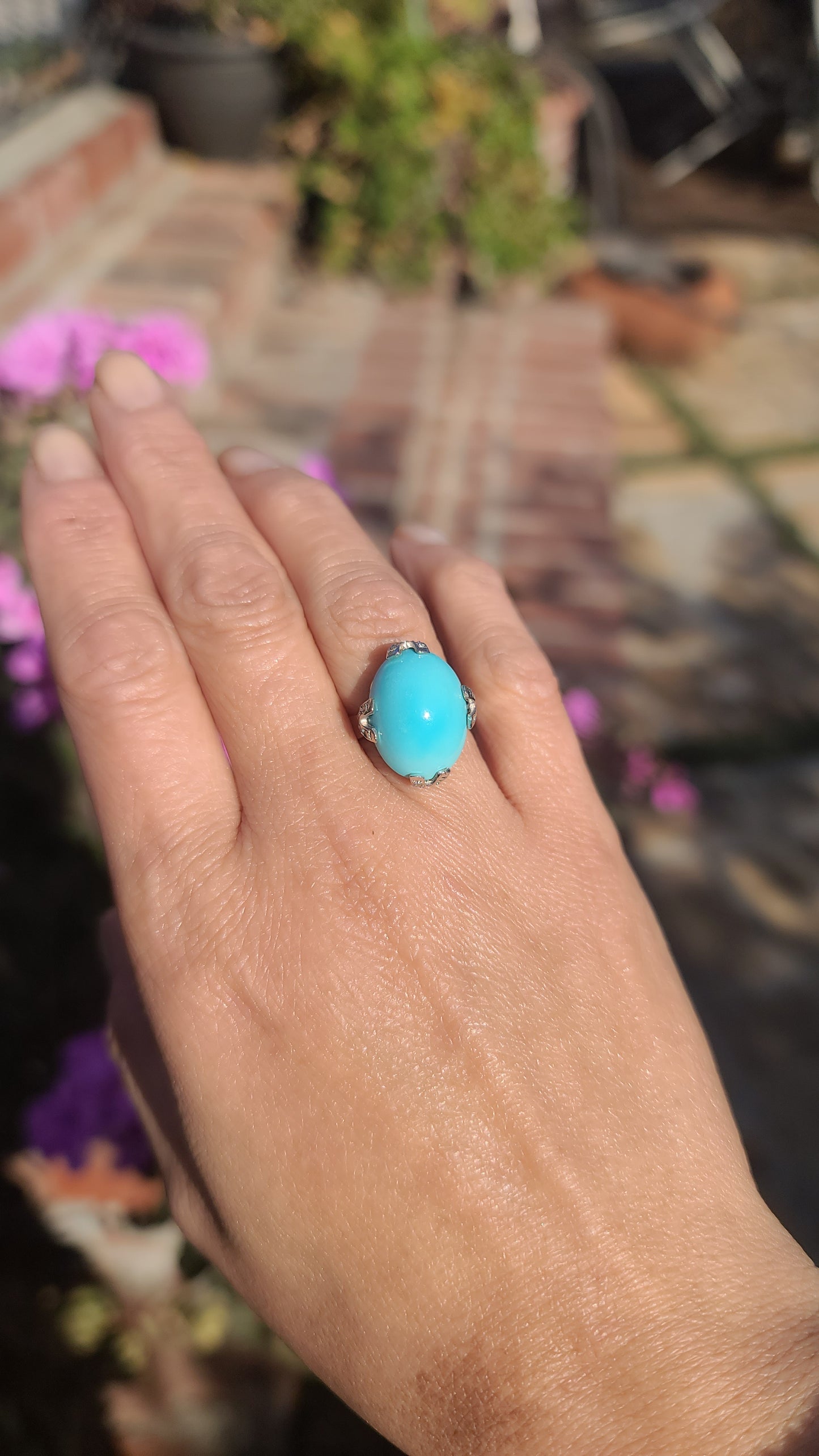 18K White Gold Turquoise Ring, Double Prongs, Diamond Accents, size 6.25