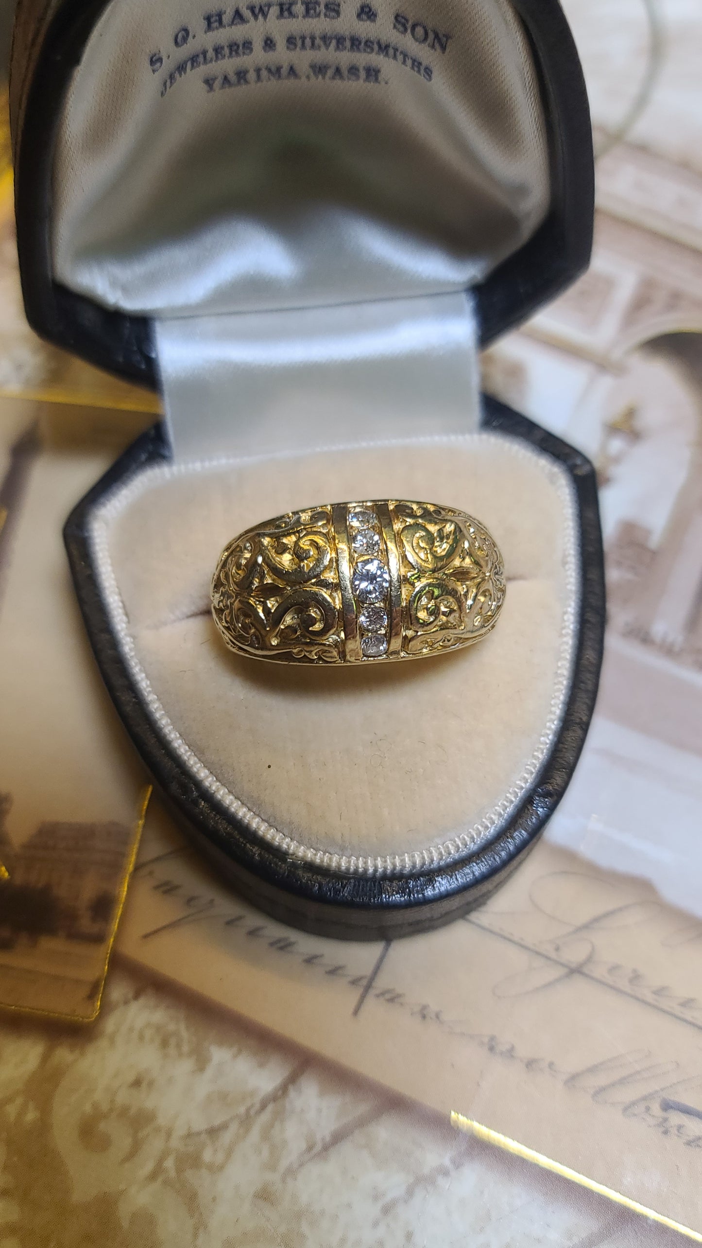 14K Yellow Gold Handcrafted Tooled Ring with Diamonds, Exceptional Details, size 11 US