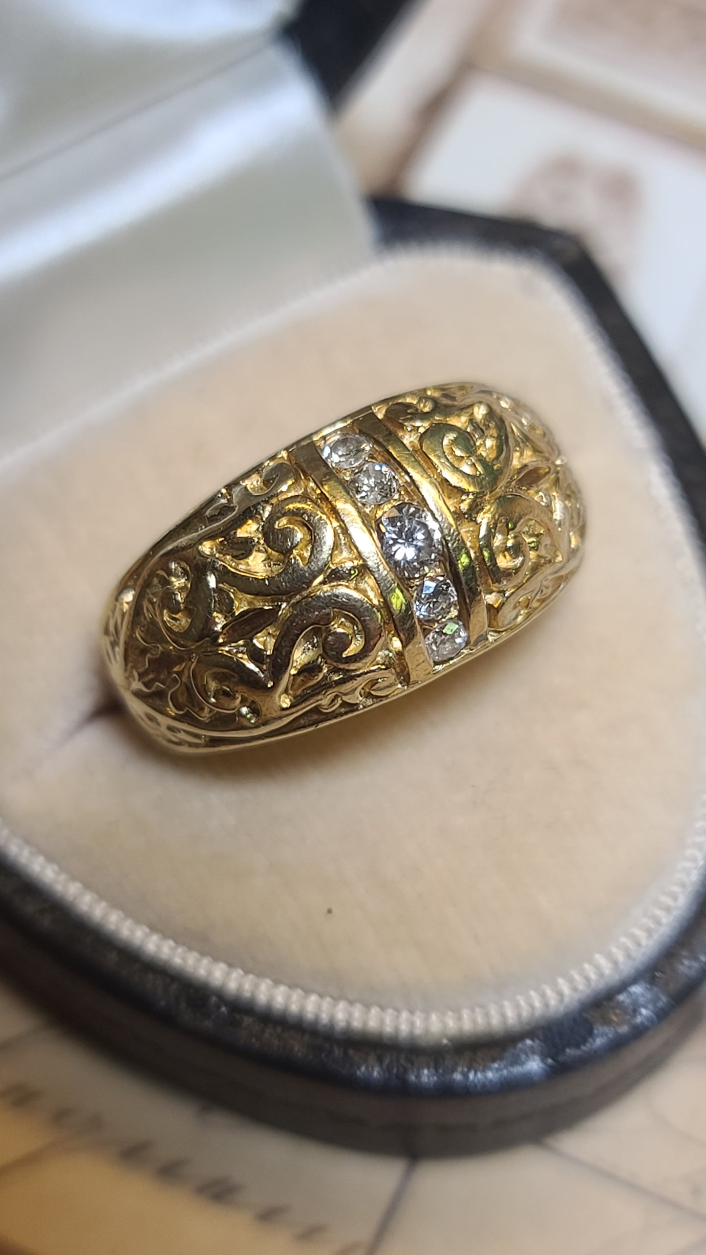 14K Yellow Gold Handcrafted Tooled Ring with Diamonds, Exceptional Details, size 11 US