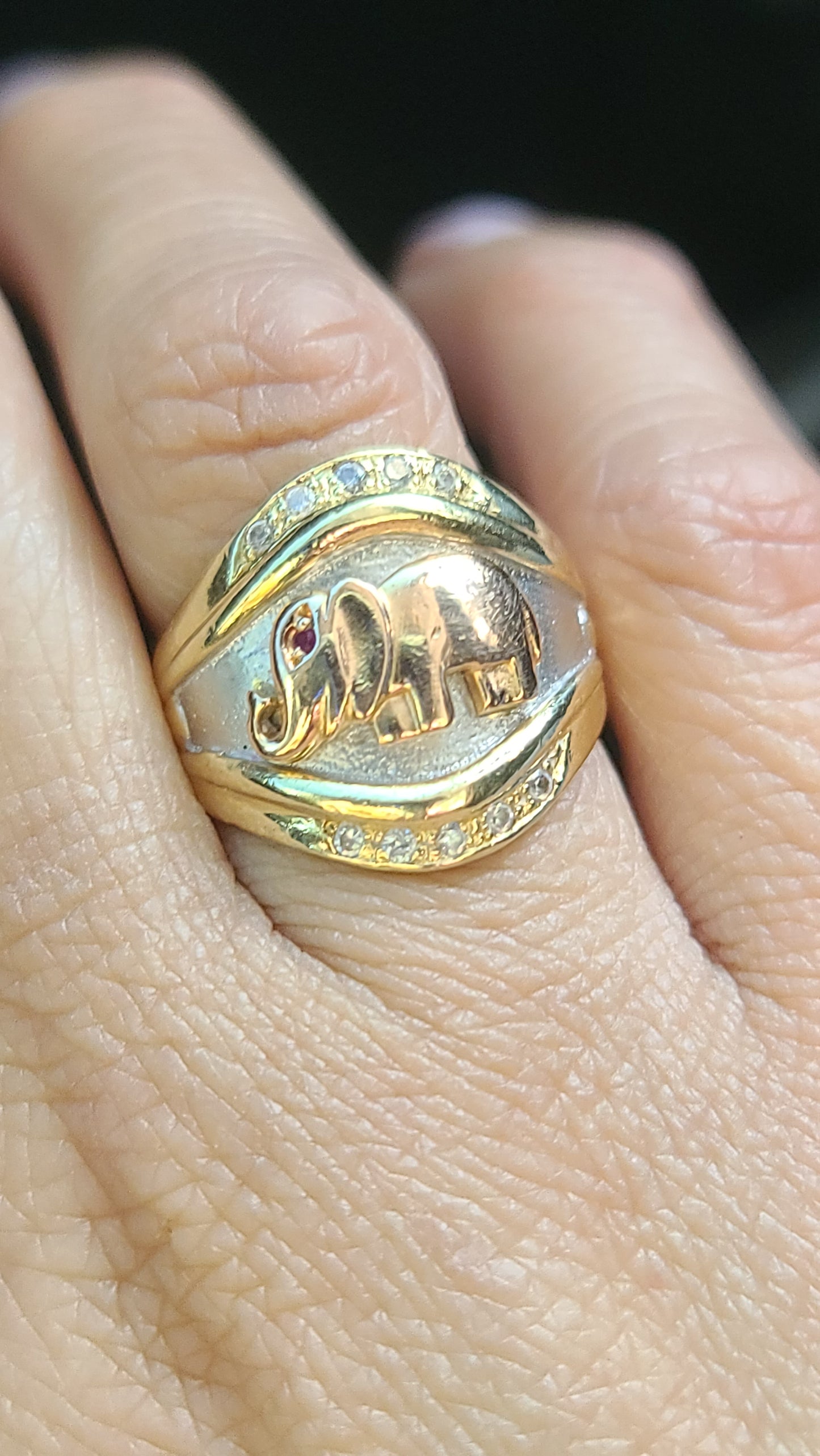14K Tricolor Elephant Ring with Ruby and Diamonds, Size 7.5 US