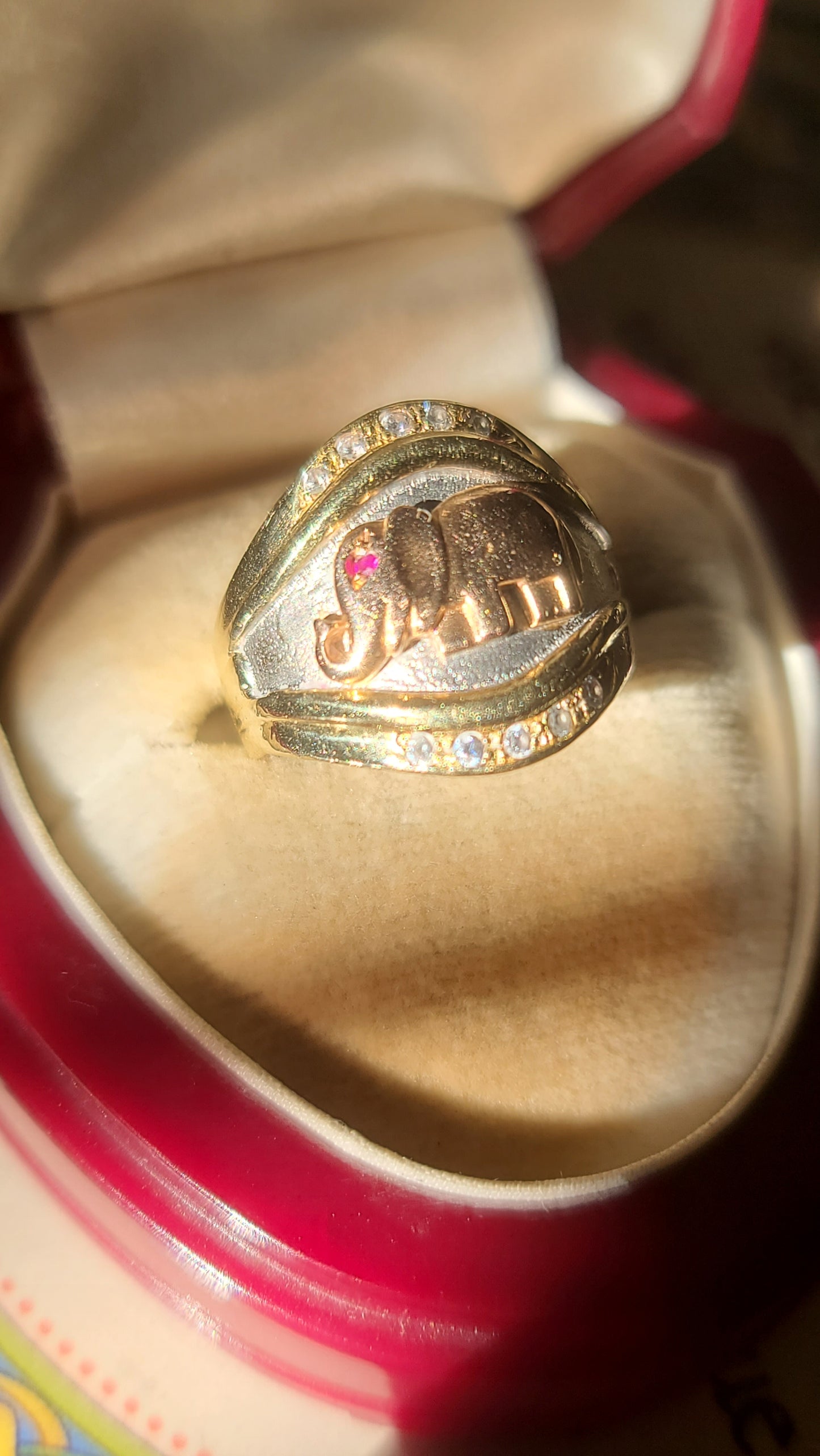 14K Tricolor Elephant Ring with Ruby and Diamonds, Size 7.5 US