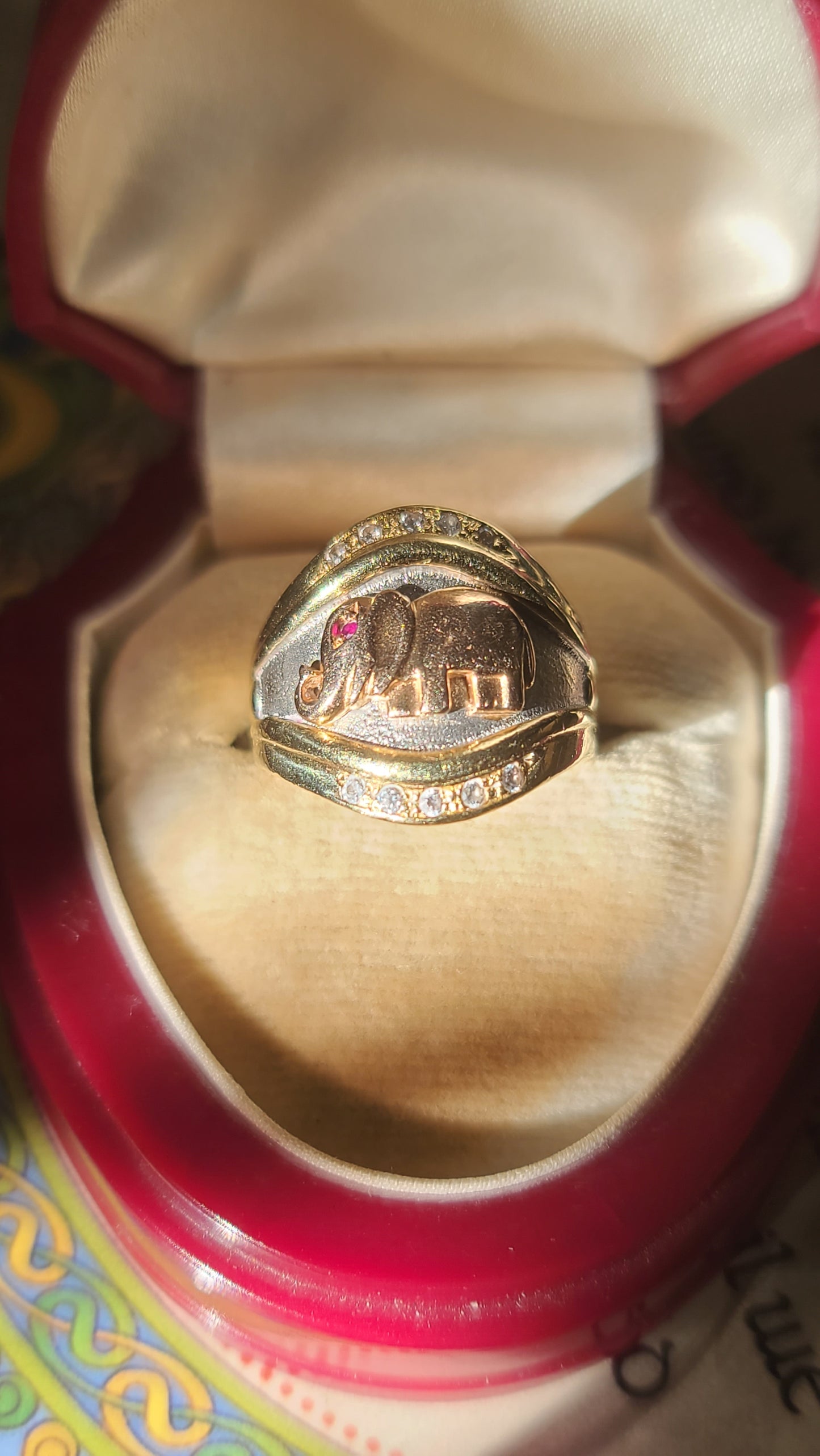 14K Tricolor Elephant Ring with Ruby and Diamonds, Size 7.5 US